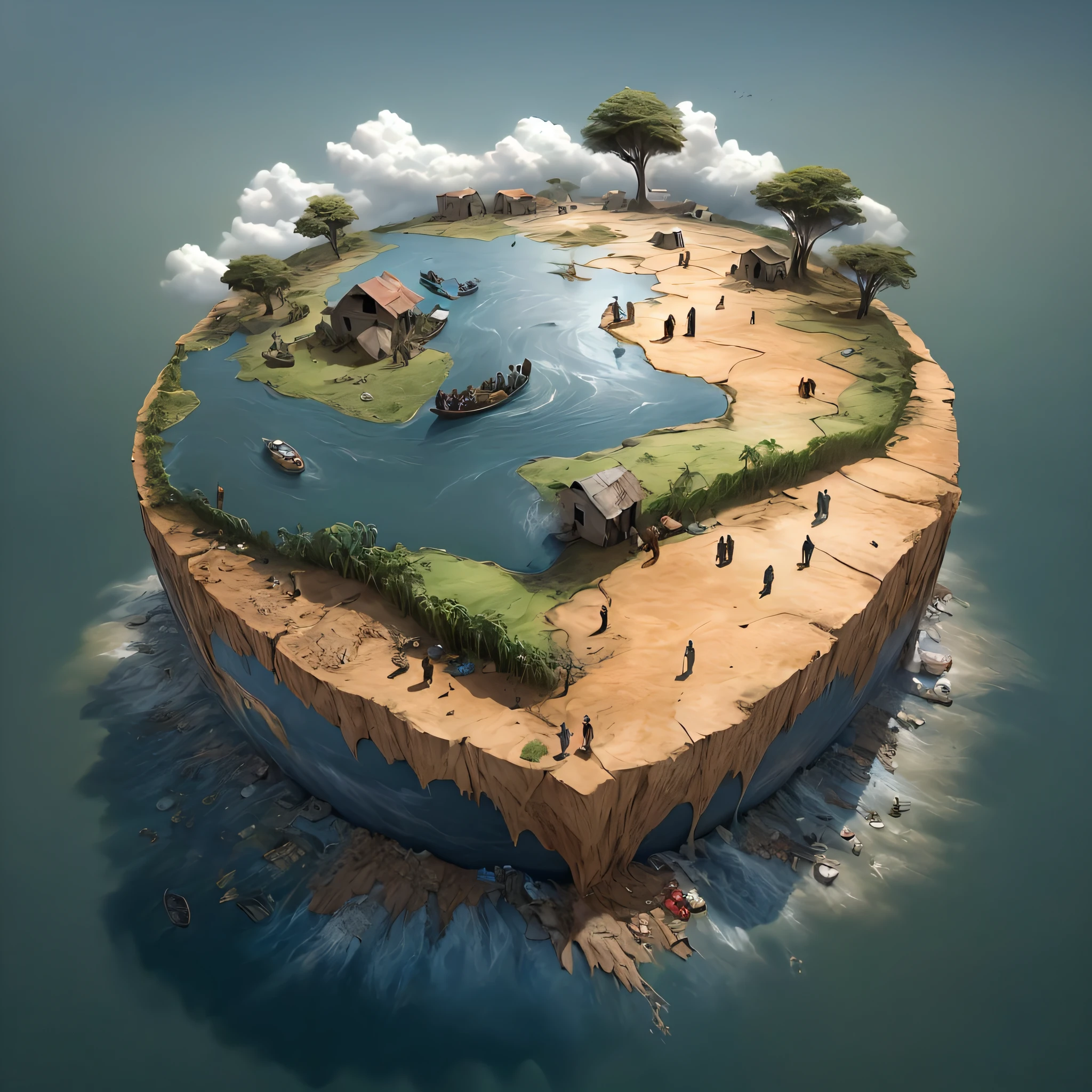 There is a small island where many people live, a beautiful artwork illustration, 3 d epic illustrations, Floating Island, Jesper Essing, beautiful digital works of art, very detailed illustration, Beautiful detailed illustration, Beautiful illustration, Surreal digital artwork, very detailed illustration, beautiful 3 d concept art, Floating World, surreal illustration, amazing depth