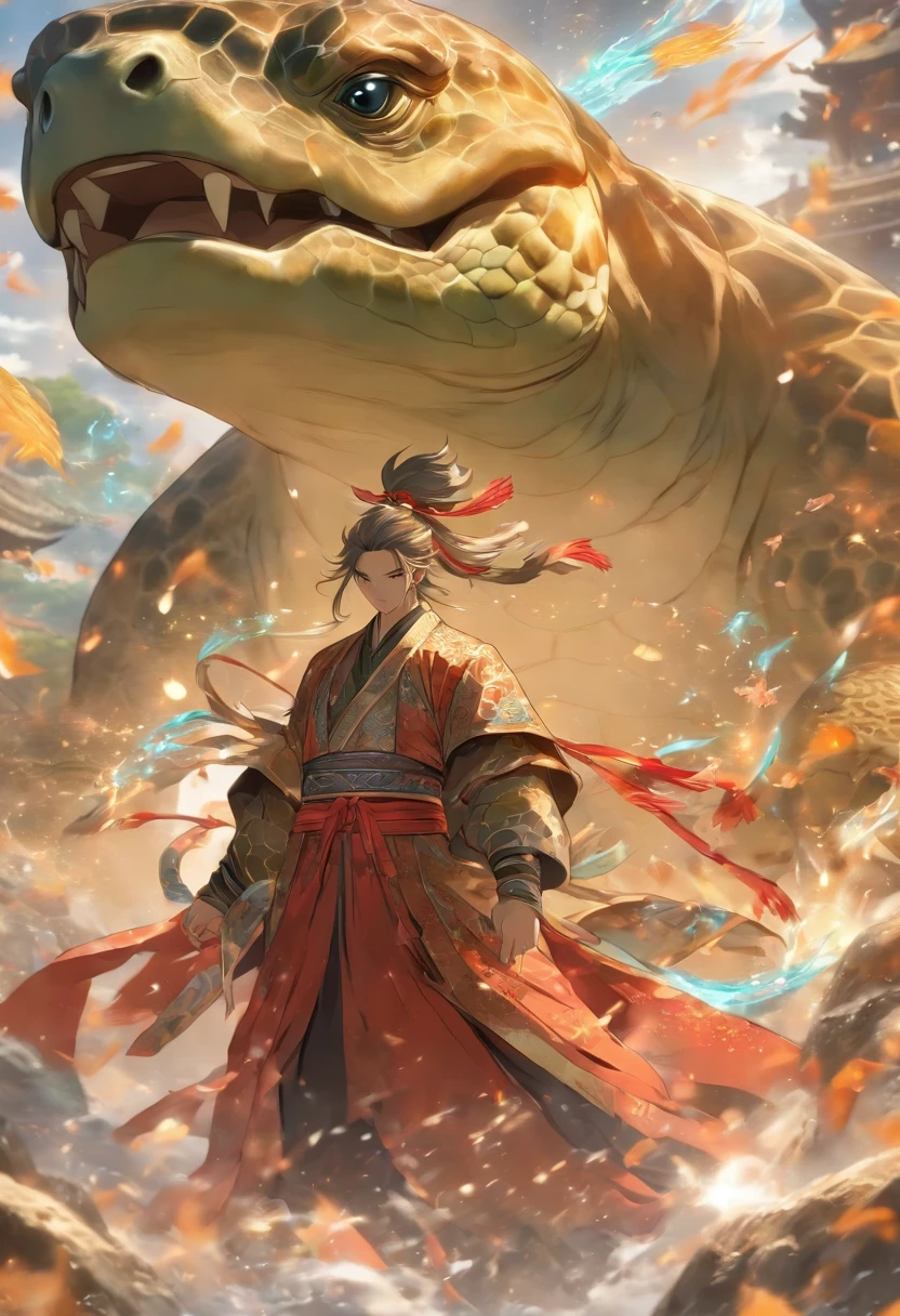 (tmasterpiece), (Best quality at best), Cinematic quality，Rendered by Octane，Ultra-detailed details，1 boy,Cool action，Wearing ancient Chinese Hanfu，(Ancient Chinese Formation:1.2),Energy surrounds，light particle fluid，Fairy air fluttering，Luminous magic circle，Summon ancient beasts，oda&#39;There is a huge turtle behind him，Xuanwu Saint Beast，Tortoise shell