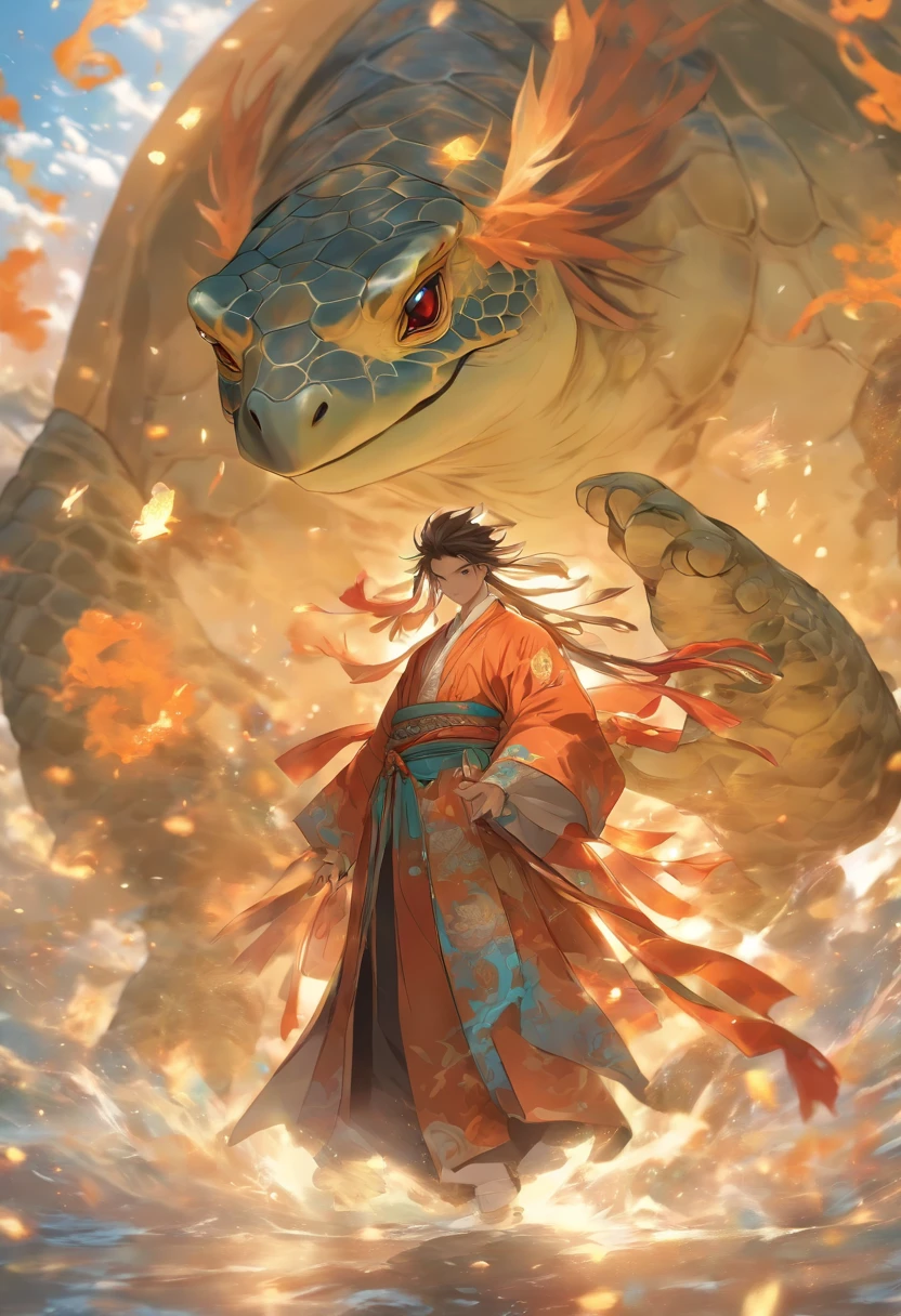 (tmasterpiece), (Best quality at best), Cinematic quality，Rendered by Octane，Ultra-detailed details，1 boy,Cool action，Wearing ancient Chinese Hanfu，(Ancient Chinese Formation:1.2),Energy surrounds，light particle fluid，Fairy air fluttering，Luminous magic circle，Summon ancient beasts，oda&#39;There is a huge turtle behind him，Xuanwu Saint Beast，Tortoise shell