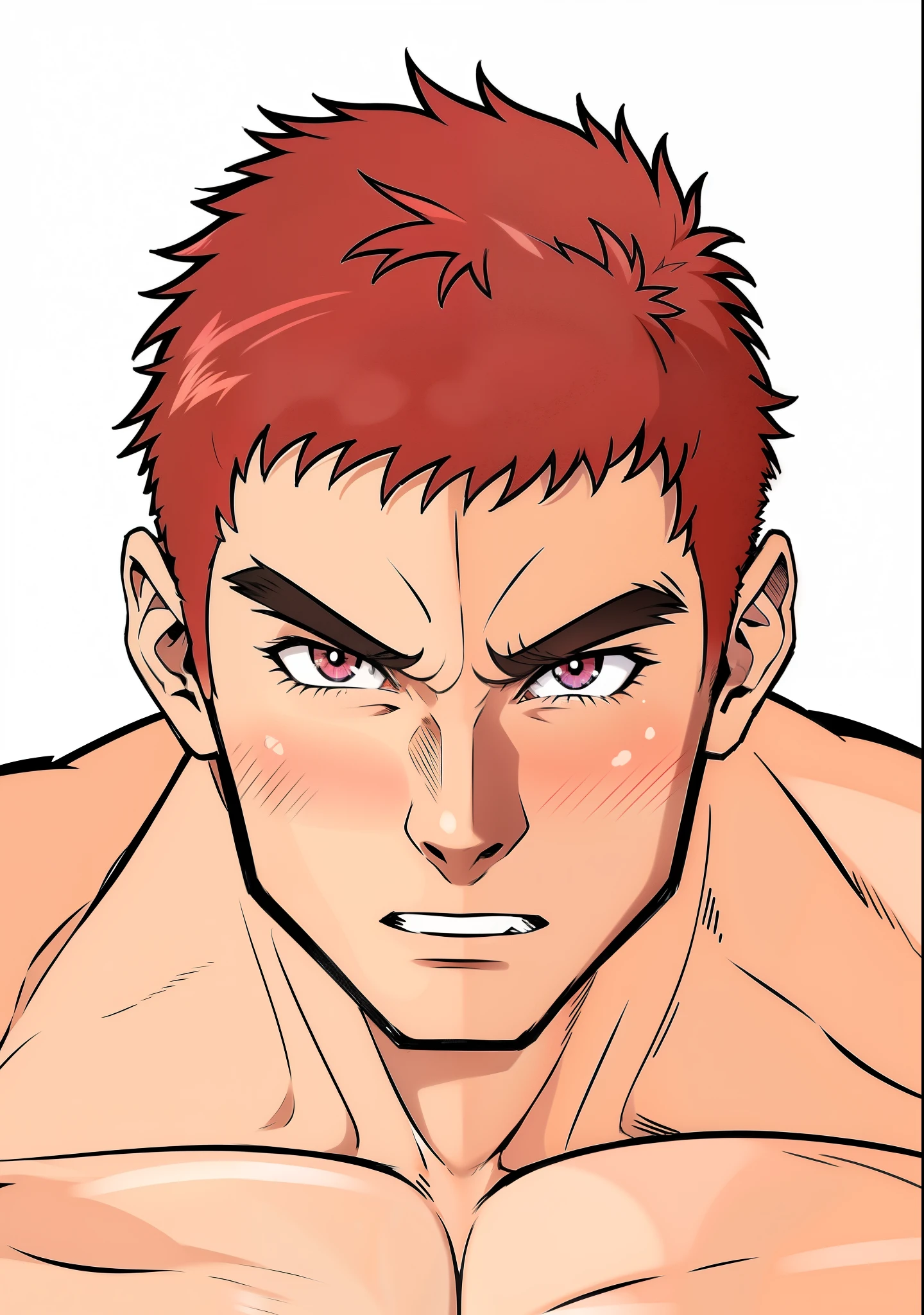 Gere uma imagem de arte no estilo anime de persononagem musculoso com cabelo curto vermelho, olho roxo , protagonista e muito irritado .