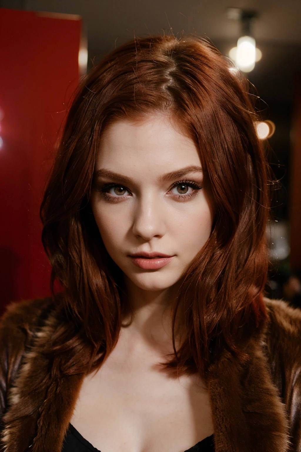 girl with red hair with party makeup wearing fur coat