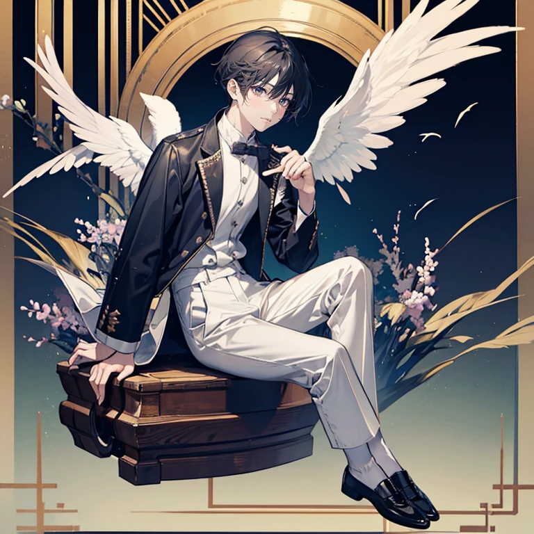 male angel sitting on rebar、full body Esbian、an legs、shoe、Leather shoes、trouser