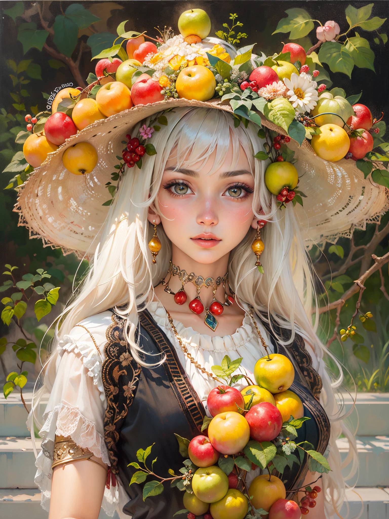 an oil painting，Beautiful girl wearing fruit flower hat, Guviz style artwork,，Artistic creativity:1.37