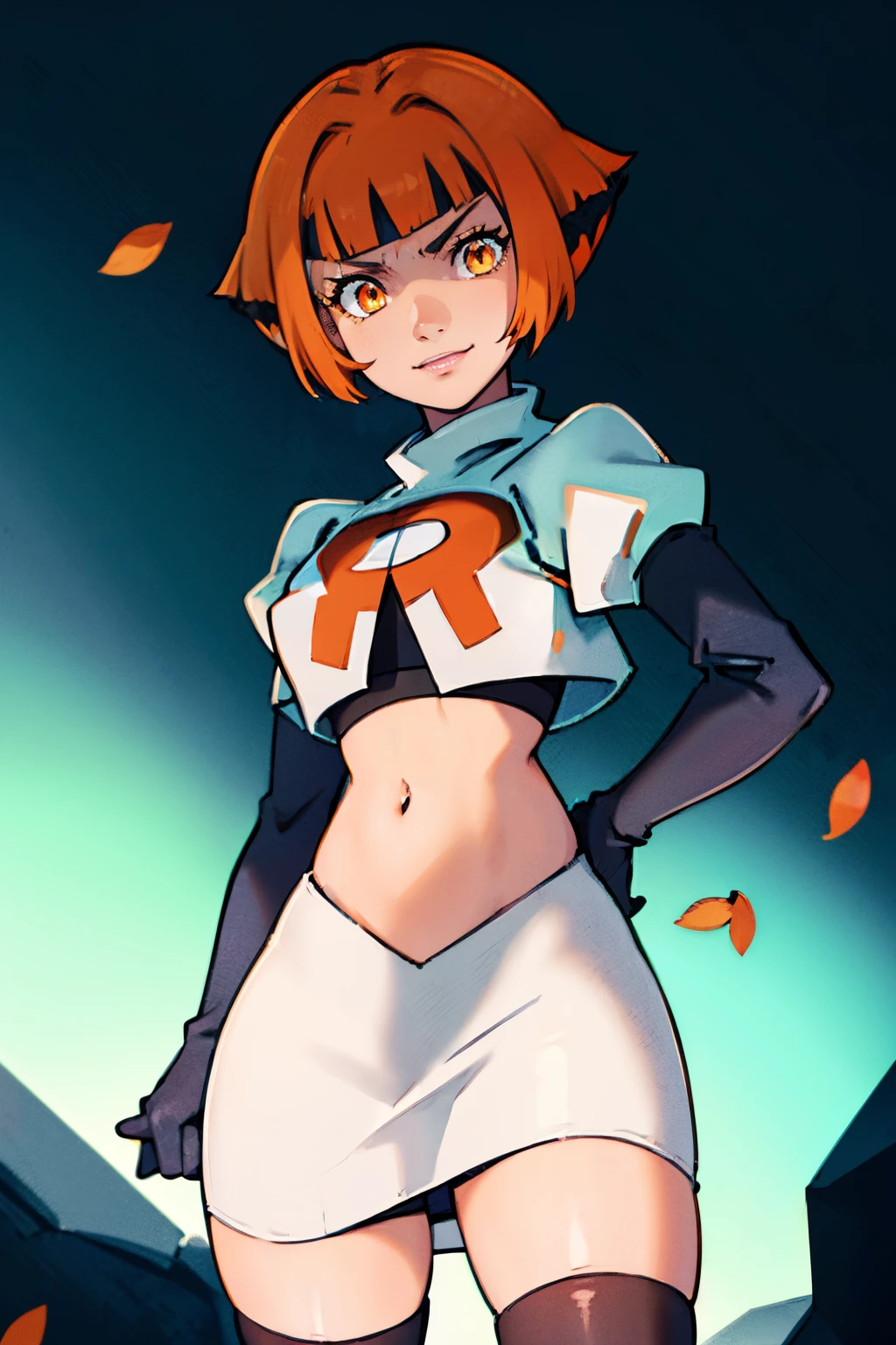 pokemongardenia, bob cut, multicolored hair, (orange eyes:1.5), orange hair, petals, short hair, two-tone hair,, team rocket, team rocket uniform, red letter R, white skirt, white crop top, black thigh-highs, black elbow gloves, evil smile, cowboy shot