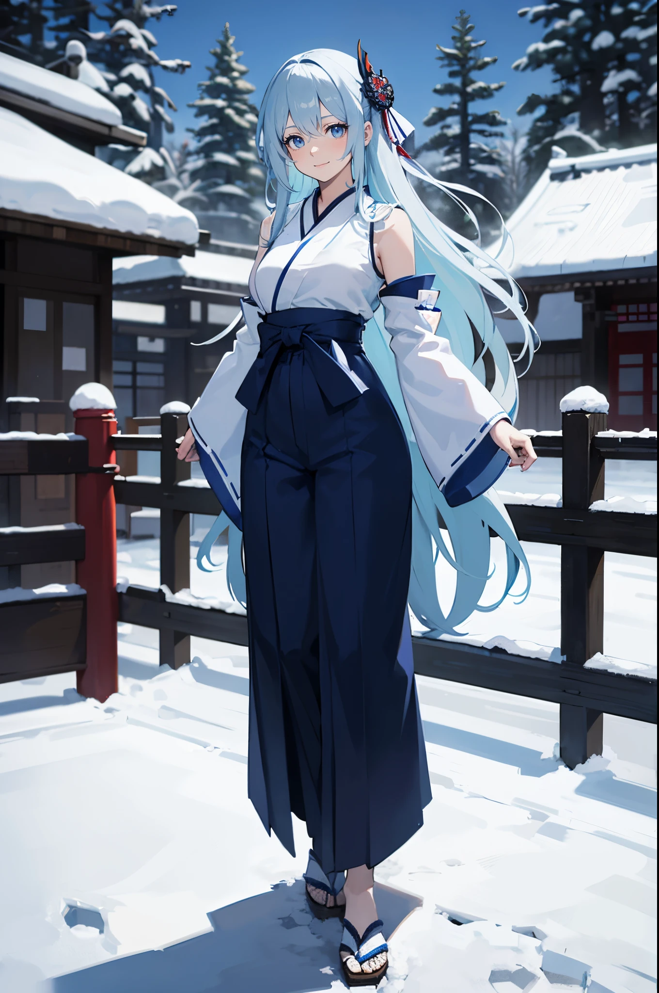 Safe for work, masterpiece, best quality, solo, 1 girl, wholesome girl,  (young female body:1.4), ( medium breasts), cowboy shot,  light blue hair, long light blue straight hair, almost white hair, extra long hair, blue eyes, piercing blue eyes, expressionless, suprised, outdoors, snowing fantasy, japanese town, snow, japanese tradiotional hakama, blue hakama pants, detached  sleeves, kanzashi, blue hair ornament, elegant woman, shy smile, flustred, dark blue  hakama pants, , full body picture, detailed eyes, detailed eyelashes, expressive face, closed mouth smile