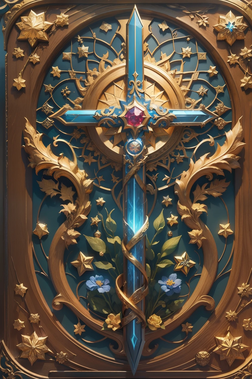 Five-pointed star golden sun , Magic, symmetry, Mathematics, Renaissance, oil painting, 2D холст, higly detailed, intrikate, Classic paint, blue solid, crystal, ornate, Circles, Gothic ornament, flat plane, Back of Tarot Cards, decoration with rubies and blue flowers, church, sword with ruby, woven from oak branches, Dark Fantasy, Fantasy, God the Holy, a sword, entwined with an old wooden vine, tmasterpiece, Holy Power, mythology three gods of light, Stained glass with water and darkness, 4k