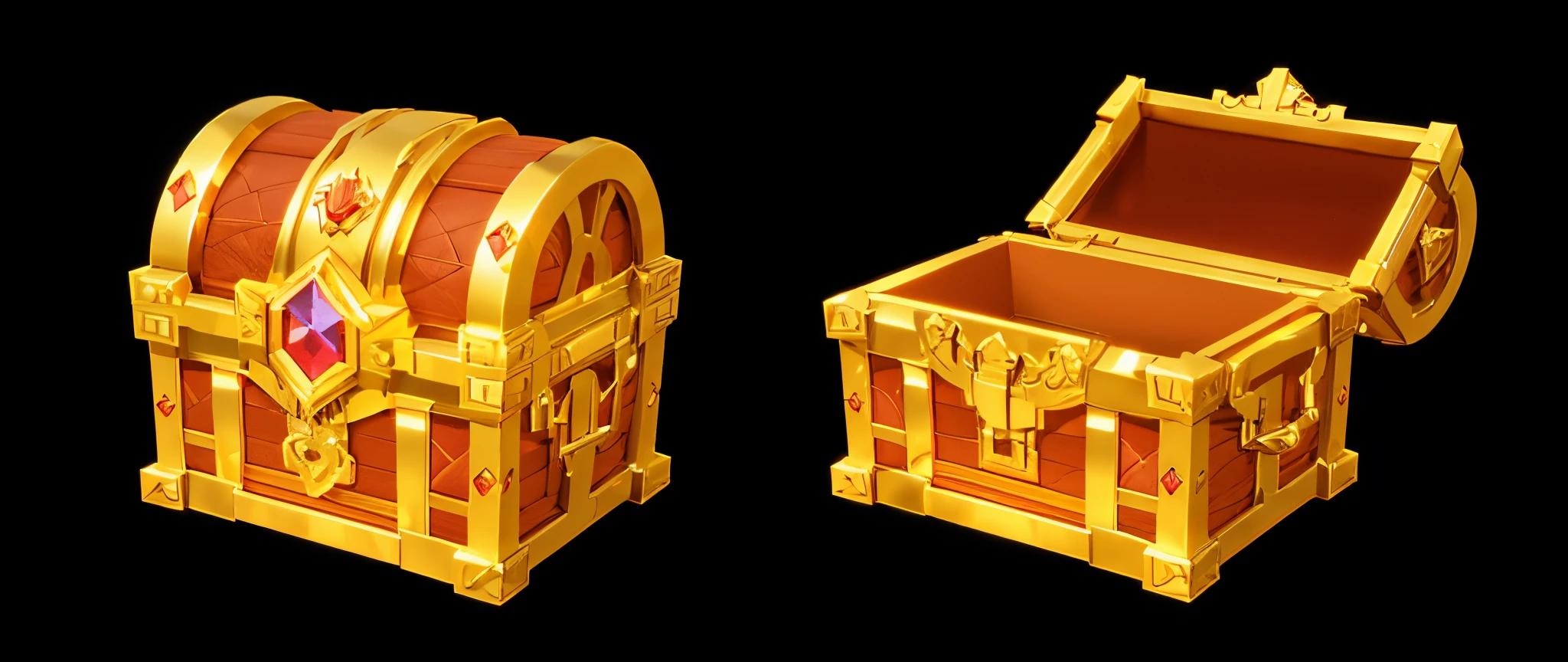 Close-up of two boxes, one closed, one open, ui design,treasure chest, stylized game art, 3D ICONS for mobile games, game icon resources, game UI asset design, treasure Chest, stylized game ICONS, isometric Ul interface with 3d elements, 3d rendering, hologram, high detail, gad rays, c4d, 8k，