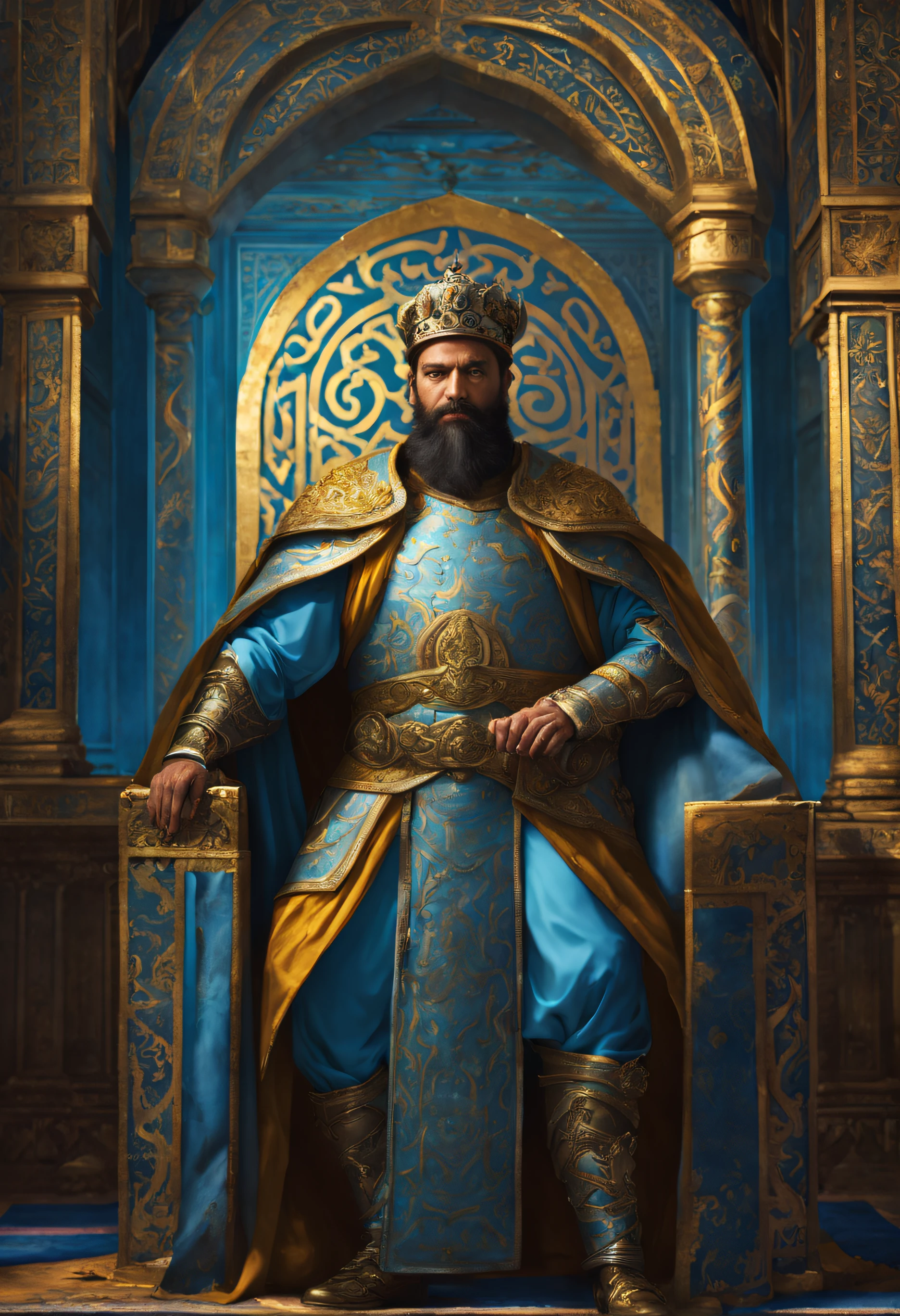 old king (a powerful, golden-crowned king with a majestic beard and fierce gaze),(radiant, glowing, and vibrant colors),(a magnificent, otherworldly palace with sleek, neon blue architecture),(intricate Persian tapestries and carpets adorning the walls and floors),(ornate and intricately patterned golden trims and details),(detailed and elaborate silver armor),(a pulsating Tron-like grid surrounding the king and his surroundings),(a fusion of ancient Persian and futuristic elements),(a sense of grandeur and regality),(immersive lighting casting dramatic shadows and highlighting the king's features)