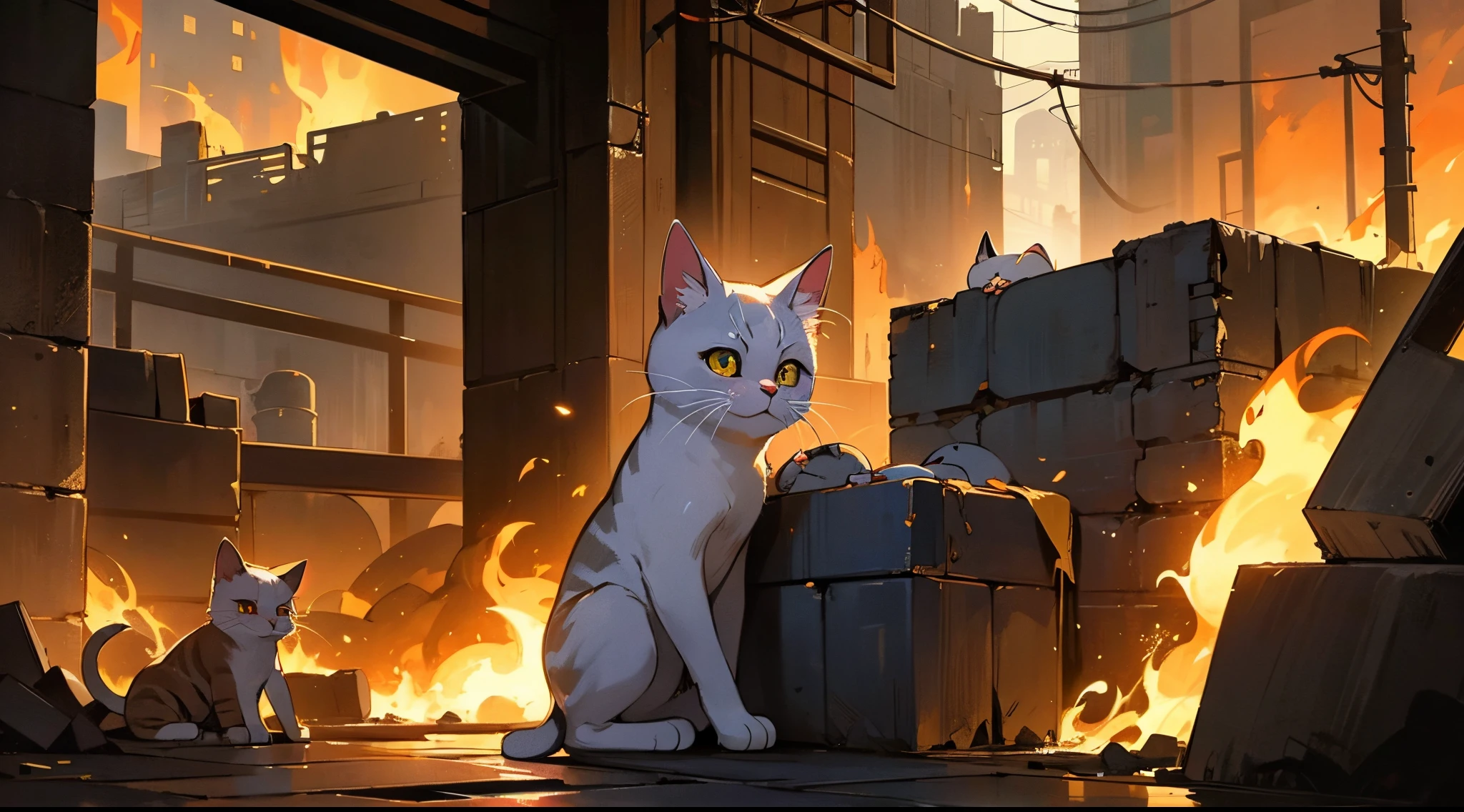 "Generate an emotionally charged image featuring an irresistibly cute cat sitting on a cobblestone street in the midst of an old city engulfed in flames during the daytime. Convey the juxtaposition of innocence with the surroundings of chaos, as the adorable feline gazes curiously at the burning buildings. Depict smoke and flames enveloping the cityscape, highlighting the poignant contrast between the cuteness of the cat and the intensity of the unfolding disaster."