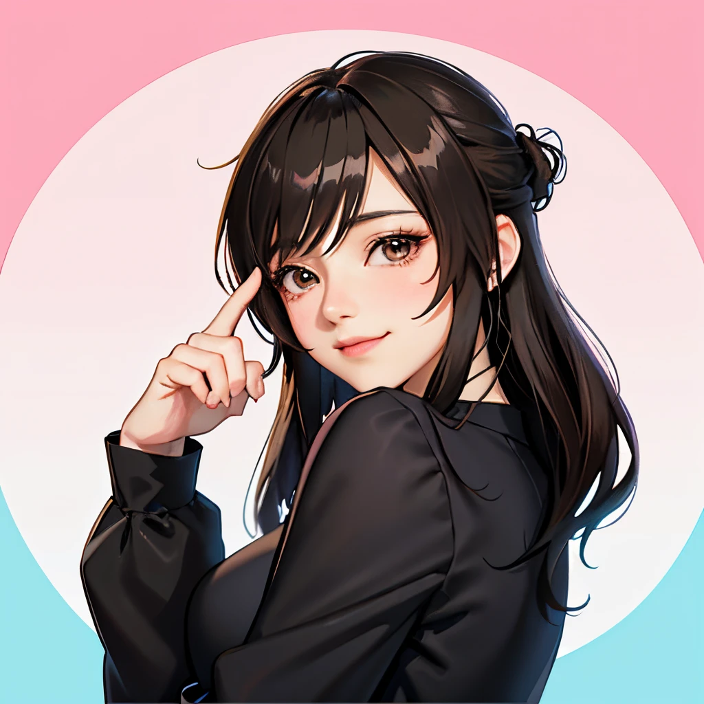 A slight smil、Anime girl posing for photo, no hand、Brown-eyed、Anime style portrait in black blouse, In an anime style, anime moe art style, Portrait Anime Girl, In anime style, anime portrait, digital anime art!!, made with anime painter studio, digital anime illustration, inspired by Ma Yuanyu, kawaii realistic portrait, Realistic anime art style, Beautiful Anime Portrait