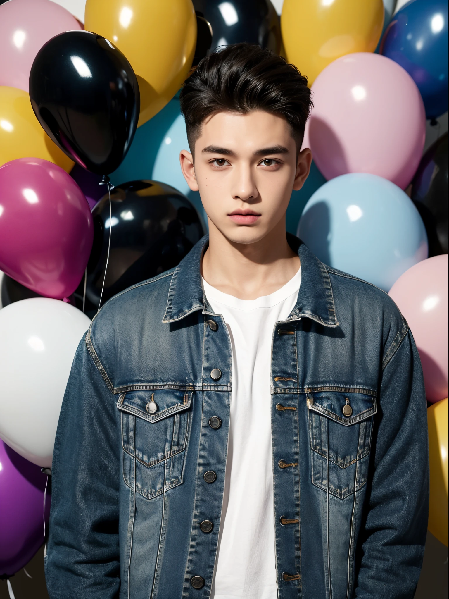 male, 20 year old boy, black eyes, slick back, denim jacket, half body photo, head facing the camera, colorful balloons in the background, street