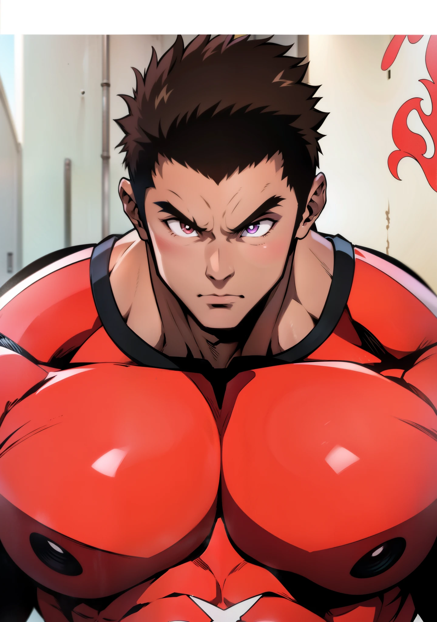 Gere uma imagem de arte no estilo anime de persononagem musculoso com cabelo curto vermelho, olho roxo , protagonista e muito irritado .