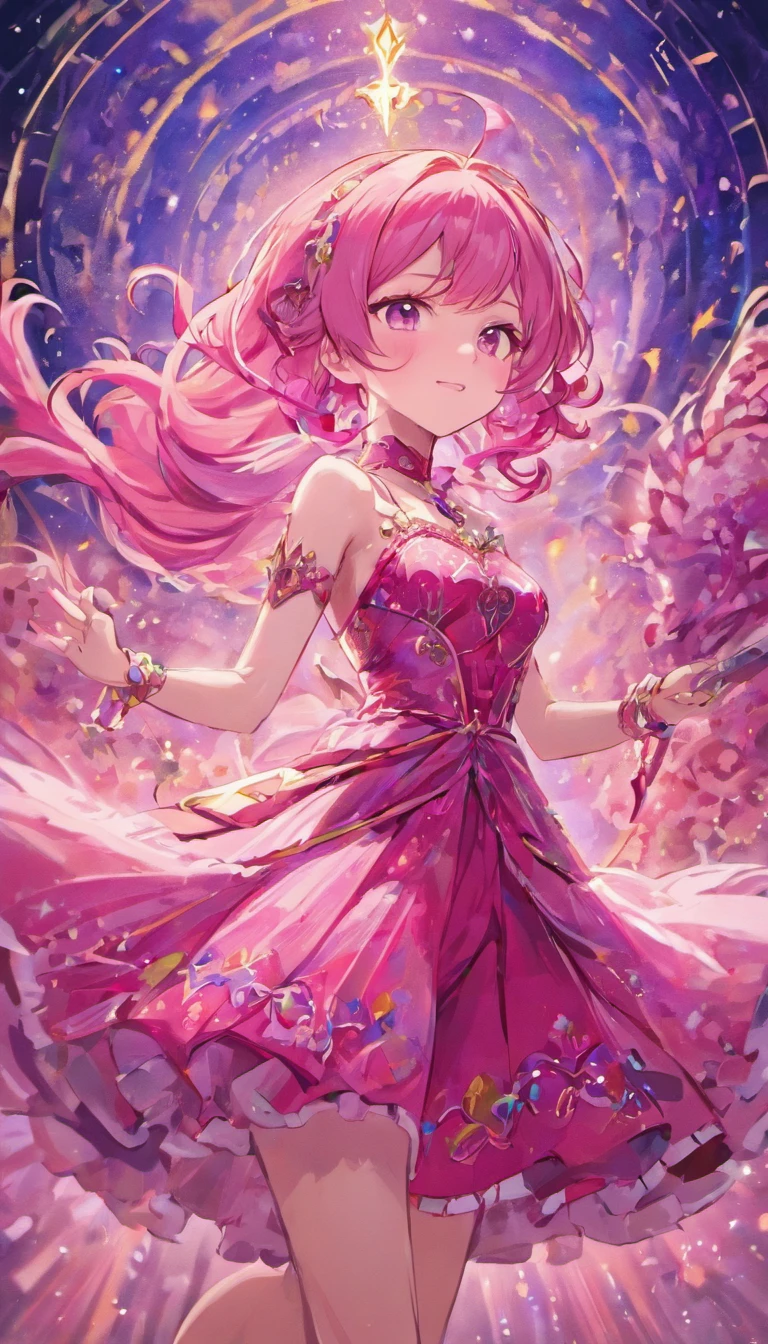Masterpiece, Best quality, beautiful, happy adult princess, pink hair, wearing flowing dress in rich hues of deep pink and royal blue, adorned with intricate patterns that hinted at her connection to ancient magic, reflection of her enigmatic nature, smiling confidentially, wearing jewel necklace, magical bracelets, marvelous crown, brilliant texture work, purple pants,