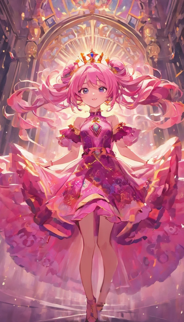 Masterpiece, Best quality, beautiful, happy adult princess, pink hair, wearing flowing dress in rich hues of deep pink and royal blue, adorned with intricate patterns that hinted at her connection to ancient magic, reflection of her enigmatic nature, smiling confidentially, wearing jewel necklace, magical bracelets, marvelous crown, brilliant texture work, purple pants,