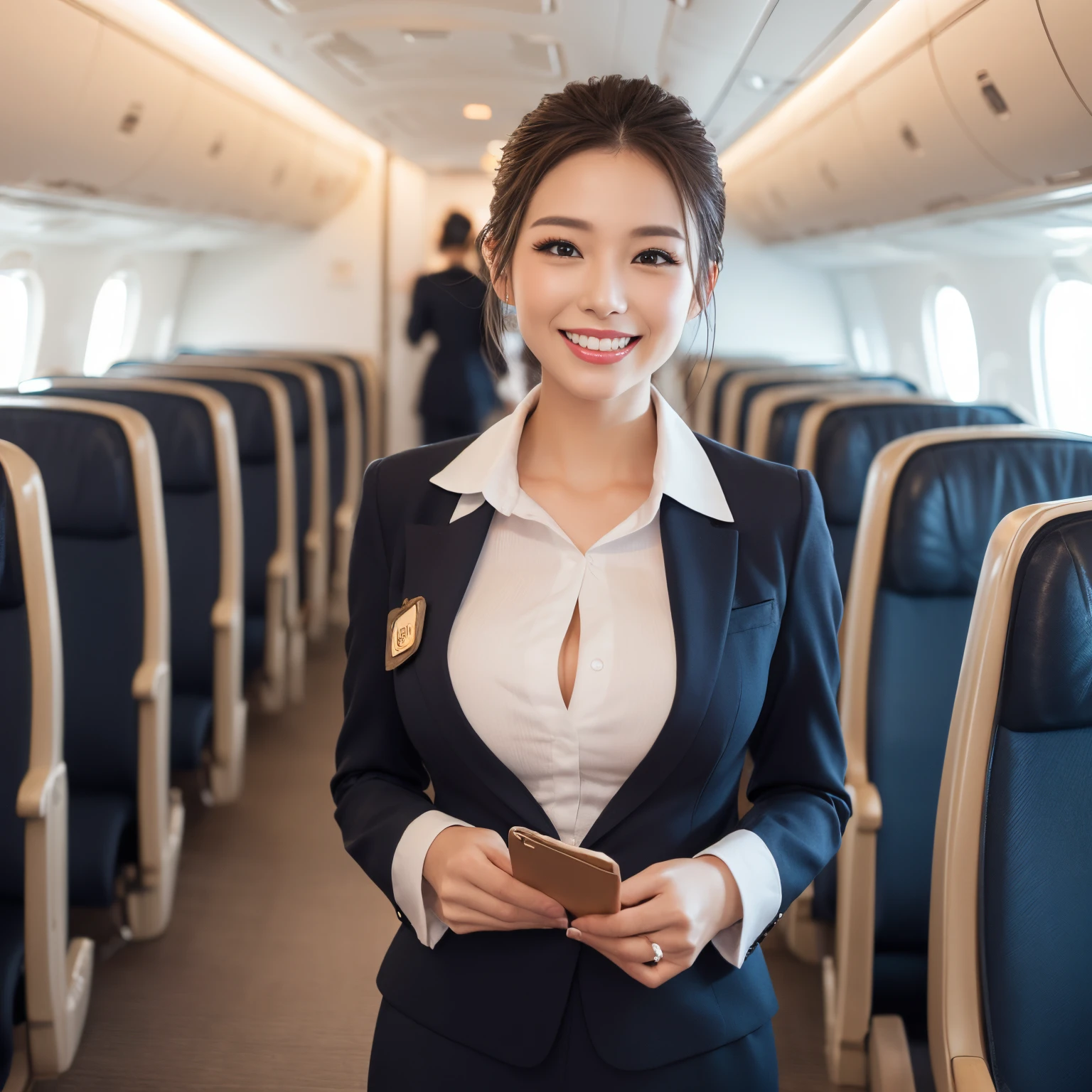 ((top-quality、masutepiece、8K、Top image quality、Hyper-Realism))、((1 female stewardess、walk gracefully down the aisle、cowboy shot、Take a photo of her from the waist up))、((The background is the first class aisle of an airplane.、Christmas decorations on board、Christmas illuminations on board))、((perfect stewardess uniform))、(Exposing the forehead、Chignon)、large full breasts、The Biggest Smile、white big teeth、Perfect makeup、long eyelashes、View me、smile your best smile、perfect anatomia、Bright lighting