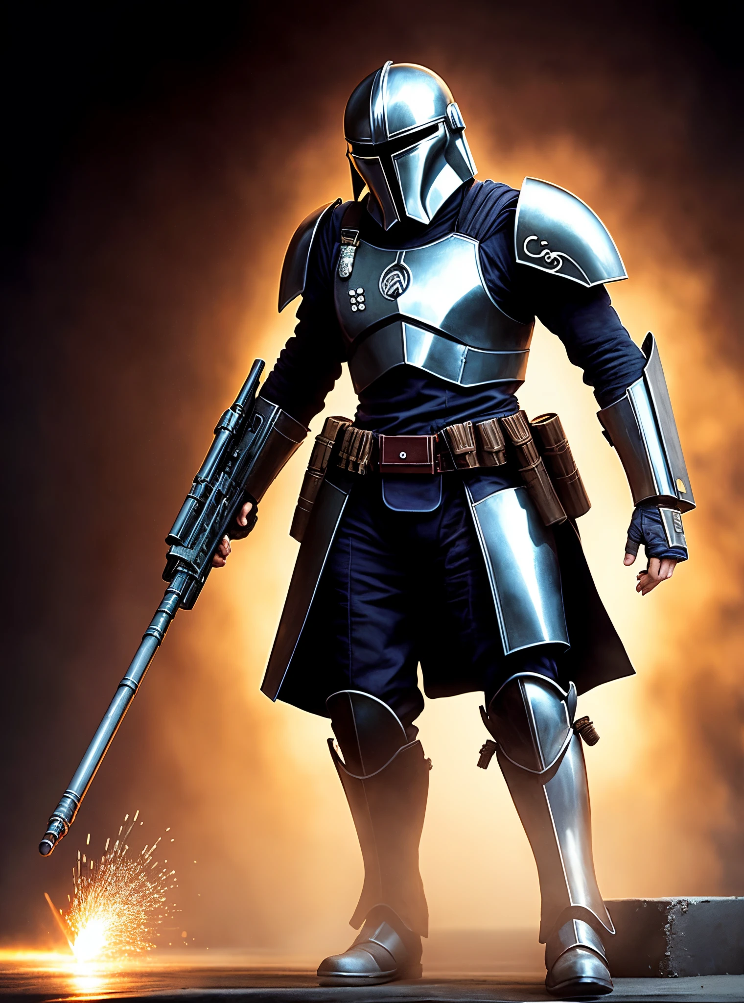 (extremely detaild的 CG unified 8k wallpapers), elite movie poster (Beskar steel mold:1.6) Intricate armor Mandalorian in fighting stance, Ed Blinkey's professional majestic oil paintings, Artie Guéran, by Ghibli Studio, author:Jeremy Mann, Greg Manchess, Antonio Moro, Hot topics on artstation, Trends on CGSociety, iintricate, high detal, Focus sharp, dramatics, author:Midway and Greg Rutkoski, hentail realism, Beautiful and detailed lighting, shadowing, author:JeremyLipking, by Antonio J. Manzanedo, author:Frederick Remington, by HW Hansen, author:Charles Marion Russell, author:William Herbert Denton