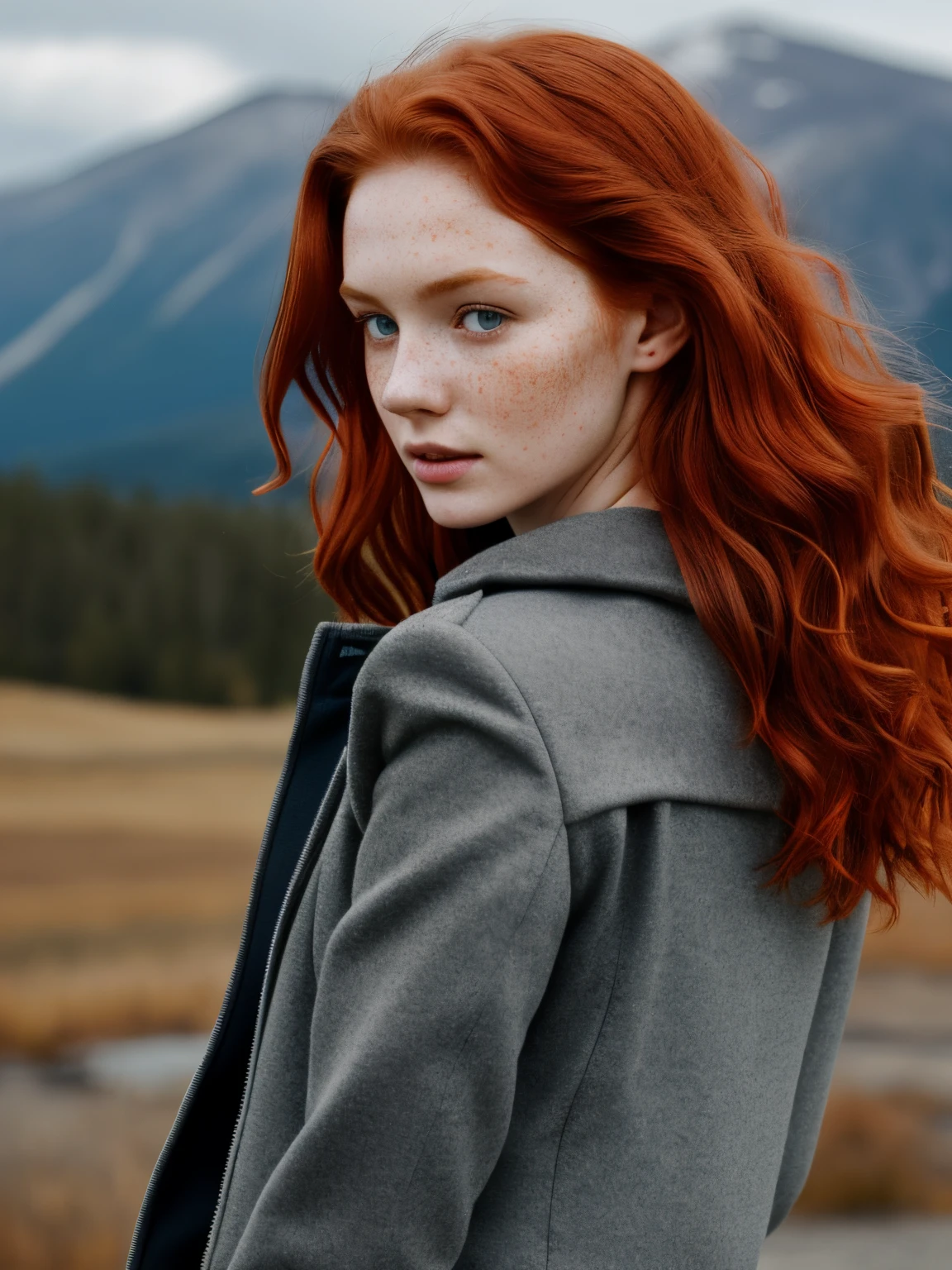 (1girl in, 19, 独奏, Aesthetically pleasing works of art, Irish Redhead, wavy red hair, shoulder-length red hair, light gray eyes, some little freckles, pale skin, Cup A, small breasts, Runners' Body, (Textured skin, pores skin:1.1), (Moles:0.8), imperfect skin, goosebumps on skin, in a dark gray jacket, In dark blue leggings, in a clearing overlooking the Rocky Mountains, Early winter, No snow, mountains, blurred background, (back to camera, looking at the side: 1.25), (extremely detailed 8K wallpaper), (hard lighting), hiquality, Film grain, Fujifilm XT3 sharp focus, f 5.6, 50mm, high detail, sharp-focus, (natural light), Crazy details, complex details, hyper-detailing