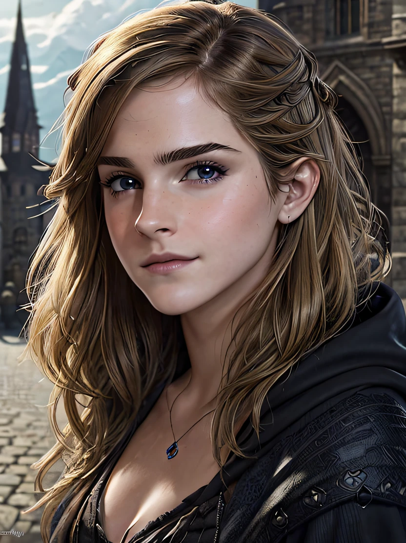 (((masterpiece、top-quality、ultra-detailliert、ighly detailed)))、Unique lighting effects、cowboy shot、face lights、(((Portrait of a 40 year old female wizard)))、cowboy shot、femele、Emma watson、Elegant person、slender physique、Sorcerer、Black magician's robe with delicate and intricate pattern(Hooded)Wearing、(Wearing a black hood)、Dirty Blonde Hair、Big blue eyes、Detailed face and eyes、Sharp eyes、Focus from the waist up、A slight smil、Detailed hand depiction、Summer afternoon、University Auditorium、Medieval city gate behind、Fantasyart、dark fantasy vibe、Dynamic action、watching at viewers