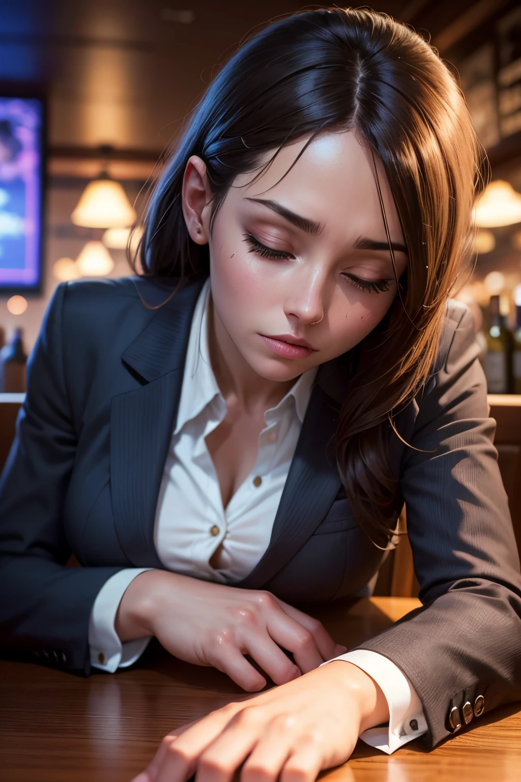 A woman fell asleep face down at a bar table Eyes closed Wearing a suit, nffsw, retinas, masutepiece, ccurate, Anatomically correct, Textured skin, Super Detail, high details, High quality, Best Quality, hight resolution