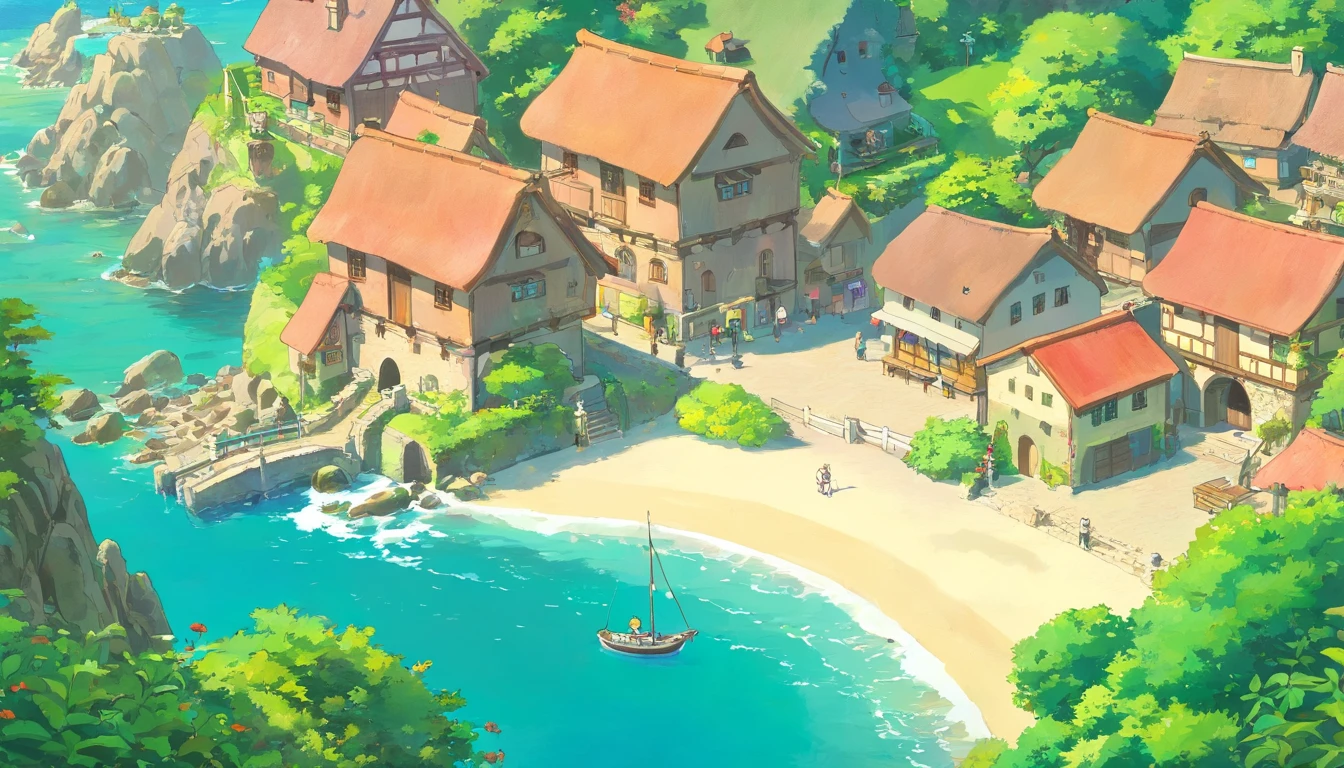 beautiful weather,small village by the sea,high-angle,boisterous