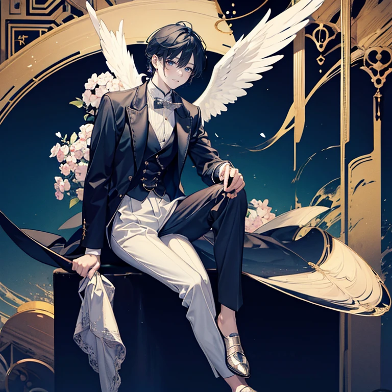 male angel sitting on rebar、full body Esbian、Detective Poirot、an legs、shoe、Leather shoes、trouser