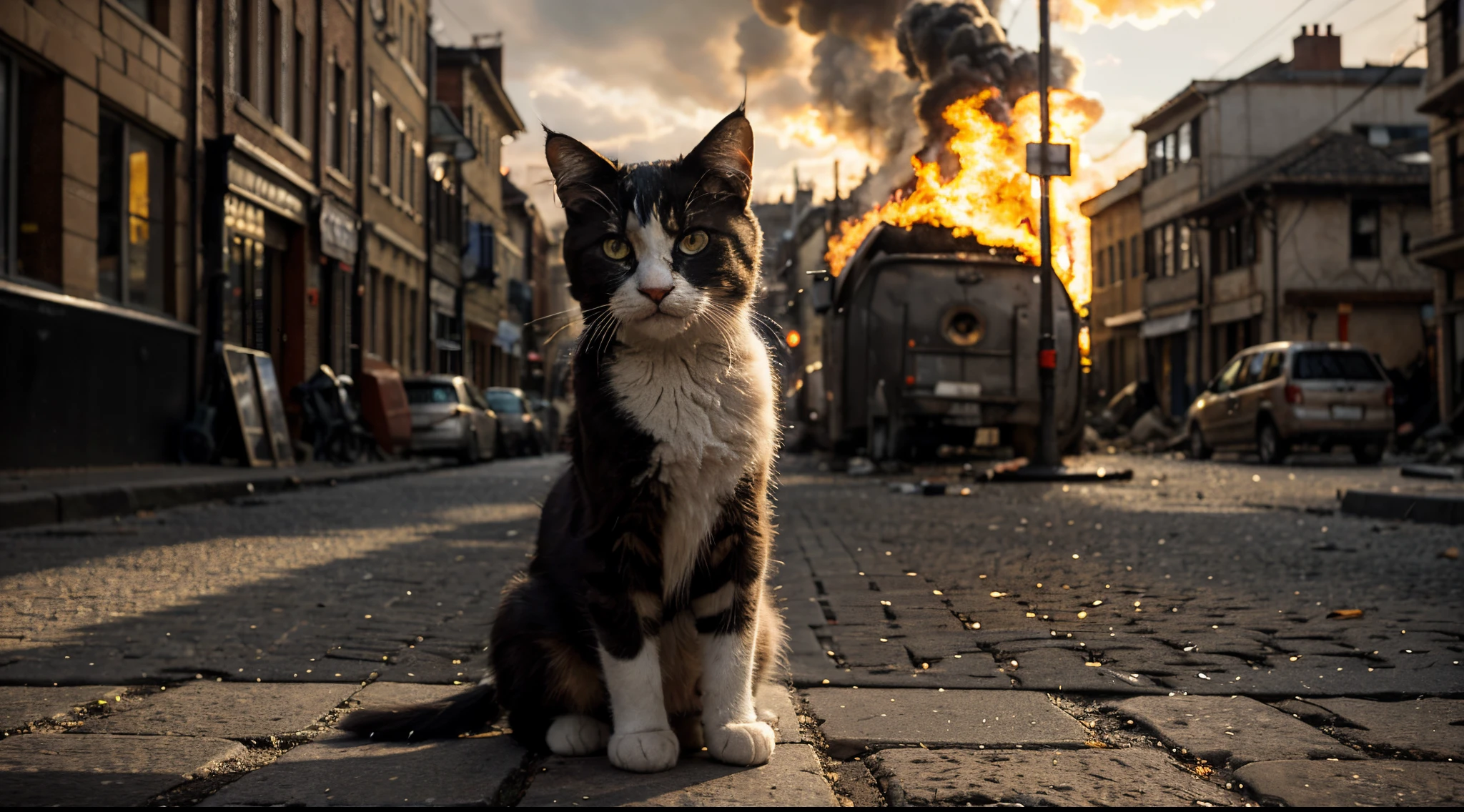 "Generate an emotionally charged image featuring an irresistibly cute cat sitting on a cobblestone street in the midst of an old city engulfed in flames during the daytime. Convey the juxtaposition of innocence with the surroundings of chaos, as the adorable feline gazes curiously at the burning buildings. Depict smoke and flames enveloping the cityscape, highlighting the poignant contrast between the cuteness of the cat and the intensity of the unfolding disaster."