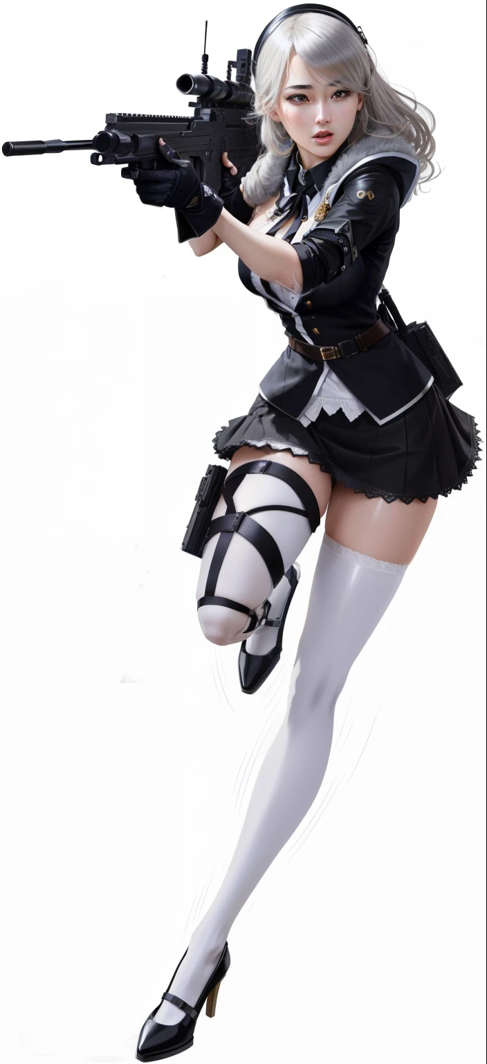 (Best quality at best,A high resolution),Detailed pubic hair, A woman in a short skirt posing with a gun, Black, New black, 2b, 2b, Neil: protagonist of automaton, angelic witch hunter, black and white photography, Yukari Yukari&#39;garments, Detailed pubic hair. Girl Front, Scenes full of unstable black emotions, photorealistic anime girl rendering, April renderings, New black