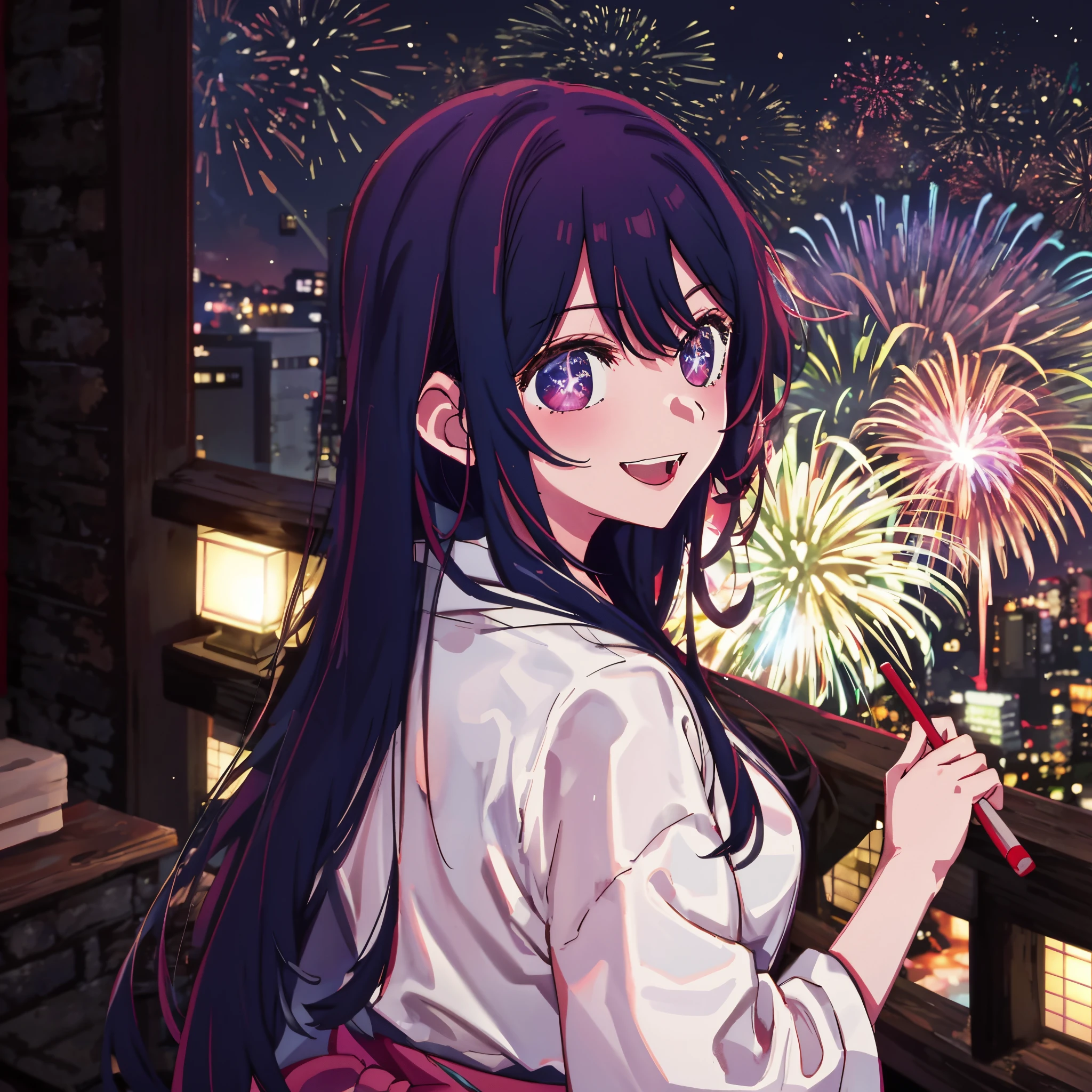 fireworks background at night, Hoshino Ai, Yukata, When I look ahead again, you are smiling. The black sky takes up almost the entire background..