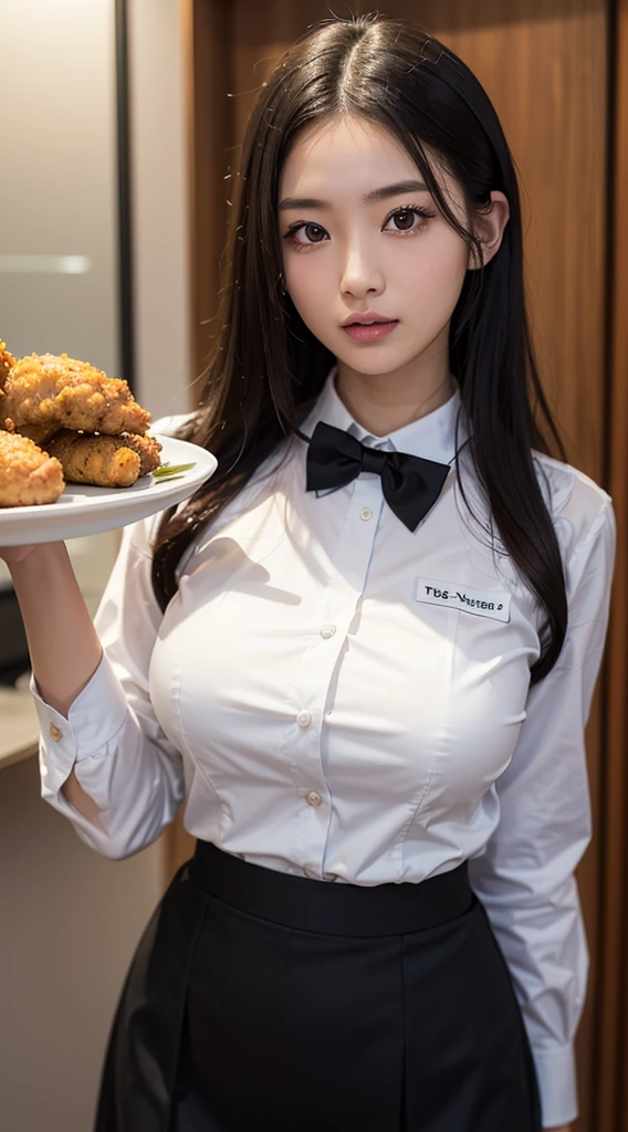 (8K, High Definition, Highest Quality: 1.2), (Very detailed face, Very detailed eyes, Very detailed skin), Japan Female, 20 years old, Colossal tits, big breasts thin waist, thick thight, (Waitress uniform, White blouses, a black skirt,a bow tie), Fine dining, holding a tray with fried chicken on it:2