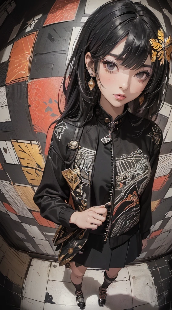 (((8k wallpaper of extremely detailed CG unit:1.2, ​masterpiece, hight resolution:1.2, top-quality:1.2, masutepiece))), ((a very beautiful woman, Hands in pockets:1.8, Grunge Fashion:1.2, Wear a blouson:1.2, wearing skirt, Wearing shoes)), ((extra detailed face, Highly detailed black eyes, extra detailed body, Top quality real texture skins)), (A dark-haired, length hair, de pele branca, Small:1.2), ((Colorful geometric patterns are painted all over the wall., Colorful wall)), (high-angle:1.2, Fisheye:1.3), hyper realisitic, digitial painting,