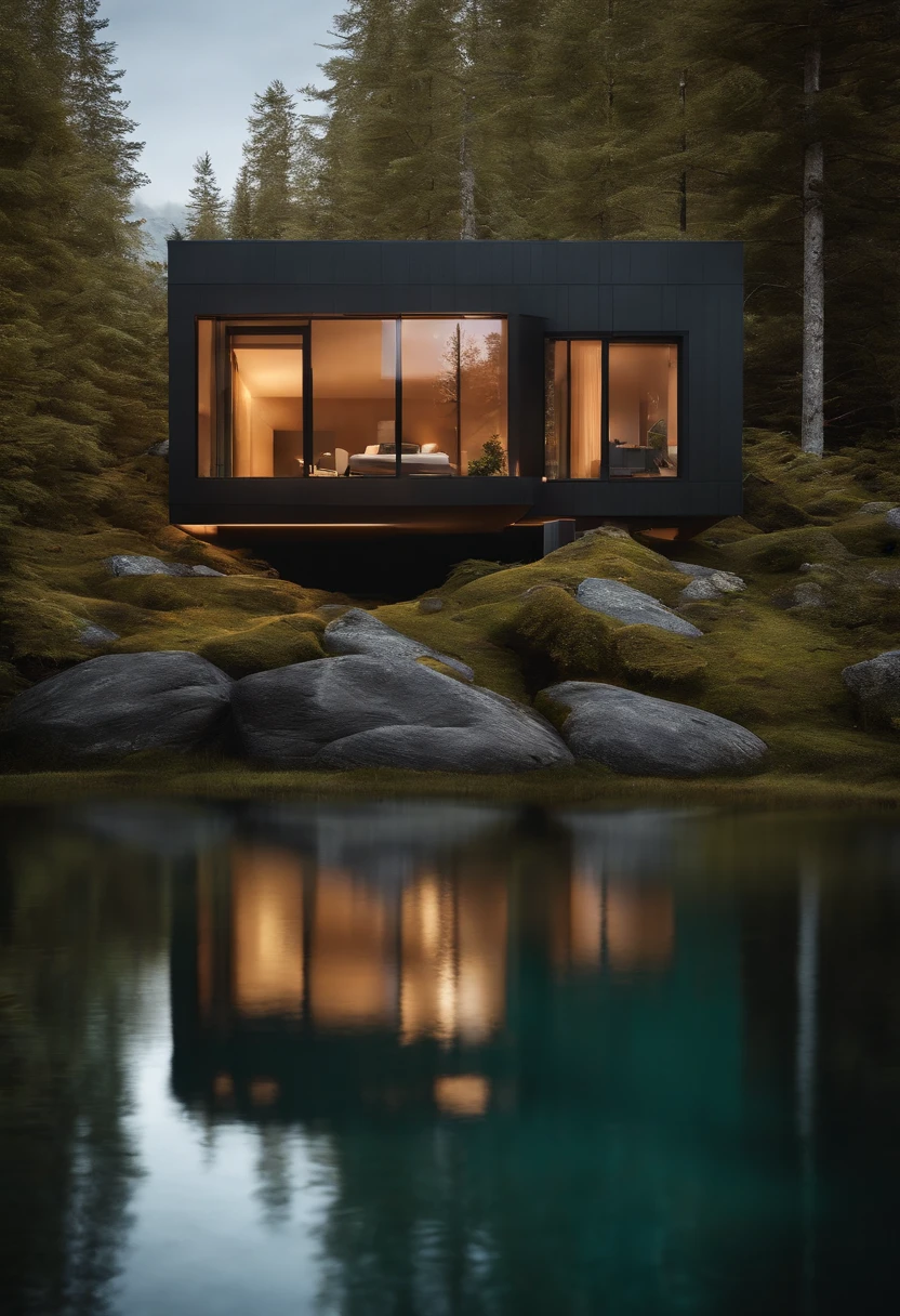 Small single-family duplex house in a Scandinavian nature, body of water and forests, waterfall inside atrium, rocks, natural pond of water