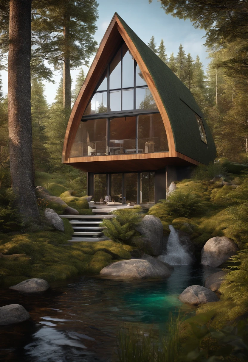 Small single-family duplex house in a Scandinavian nature, body of water and forests, waterfall inside atrium, rocks, natural pond of water