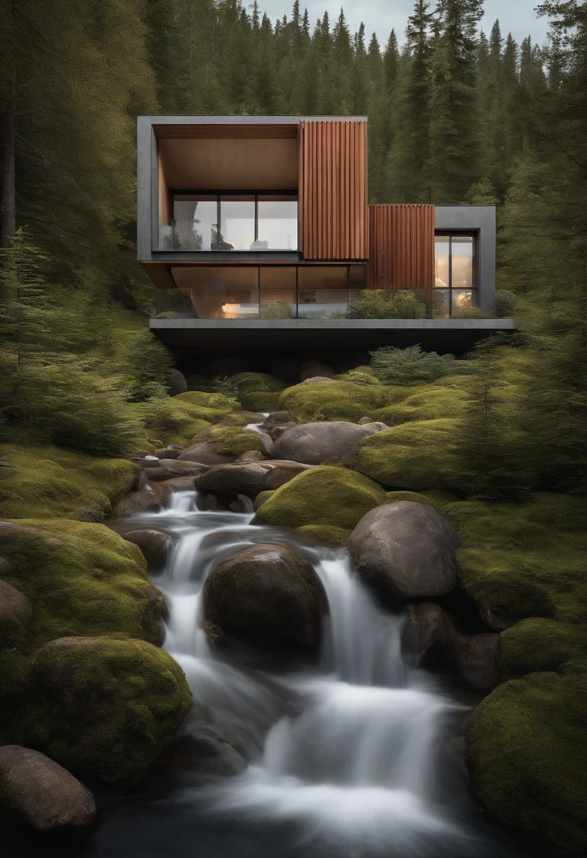 Small single-family duplex house in a Scandinavian nature, body of water and forests, waterfall inside atrium, rocks, natural pond of water