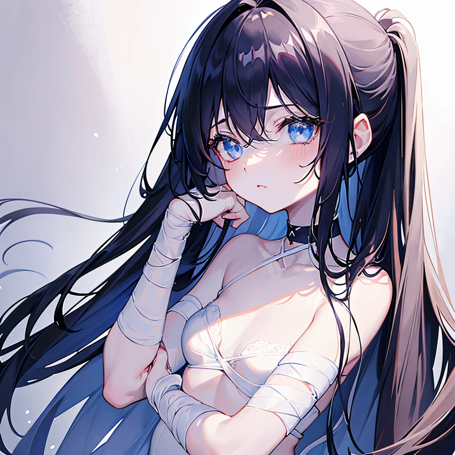 1 girl in, no smile, sparkling navy blue eyes, (black hair) , small stature, small breasts, loli, (masutepiece:1.2, Best Quality), (finely detailed beautiful eye: 1.2), (beautifull detailed face), High contrast, (Best Illumination, extremely delicate and beautiful), ((Cinematic Light)), Dramatic light, (Pale white background:1.5), bandaged_leg, bandages, bandaged_arm,  bandaged_neck, long_hair, collarbone, bandaged_head, collarbone, put lost of bandages on head, lots of bandages, bandage on the wound, sheis whole body was wrapped up in bandage,worn out clothes, bound with chains, worn out tank top,