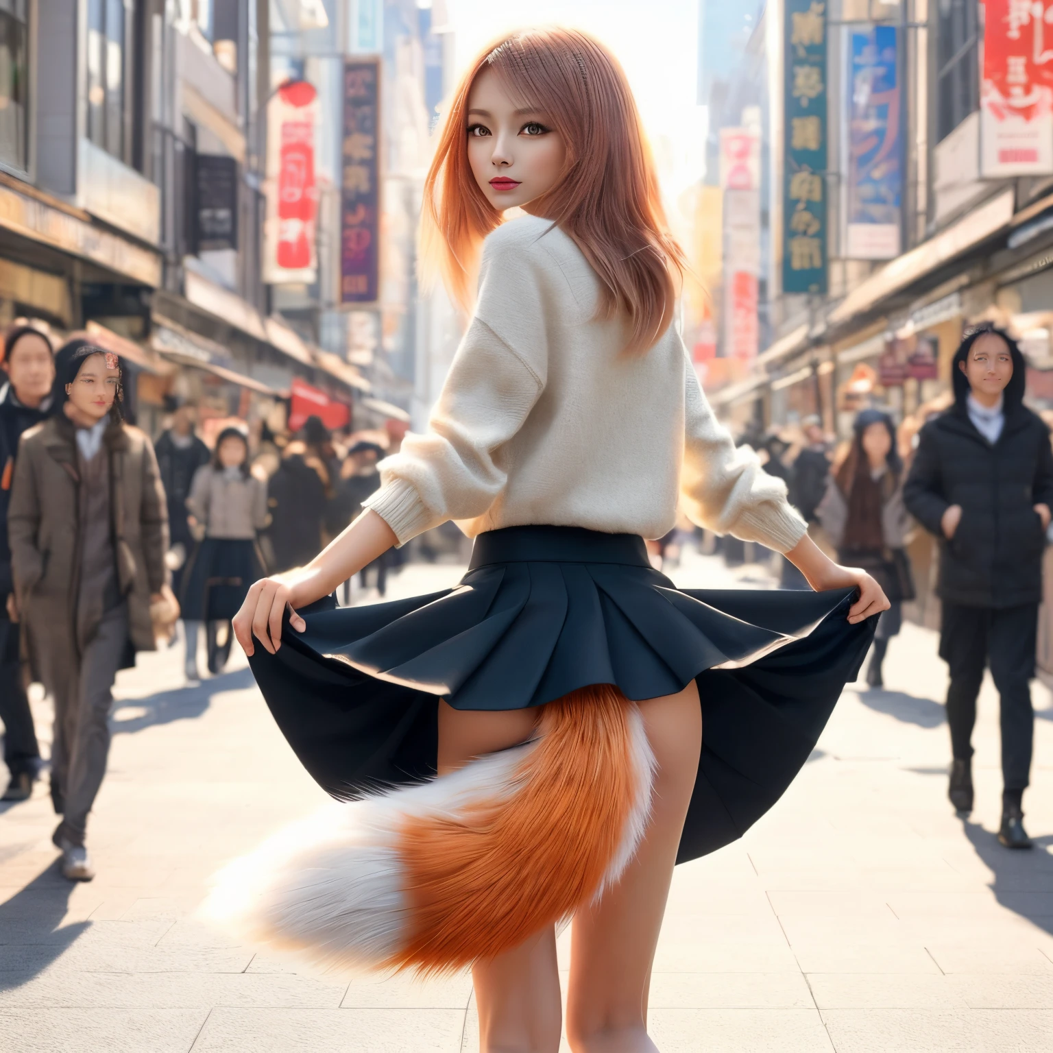 There is a woman wearing a skirt and a fox tail., foxgirl, Trending on CGSTATION, female furry mini cute style, Fox tail, beautiful digital works of art, , a beautiful kitsune woman, Furry tail, a picture, top-quality