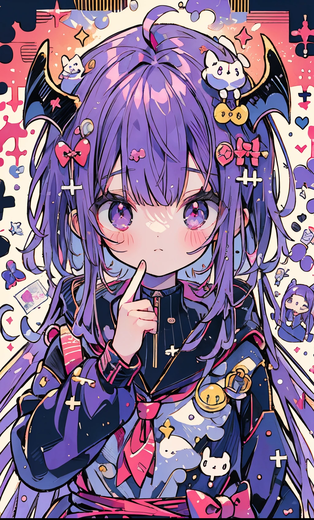 absurderes, hight resolution, (Anime style:1.1), ((masutepiece)), ((Best Quality)), (Ultra-detailed), (Beautiful), 独奏, Beautiful face、 s,Purple hair、Hair long、Long、Pink eyes、Hair flutters in the wind、Purple sailor suit、Dark blue hoodie、Dark blue jacket、Purple tie、Purple skirt、cute little、(masutepiece、masutepiece、8K)Floating in the air(Diabolical、Devil's Wings)(((Diabolical)))(((a sailor suit)))((One of the Devils))Background: Dark color、Background Simple(((Diabolical))))