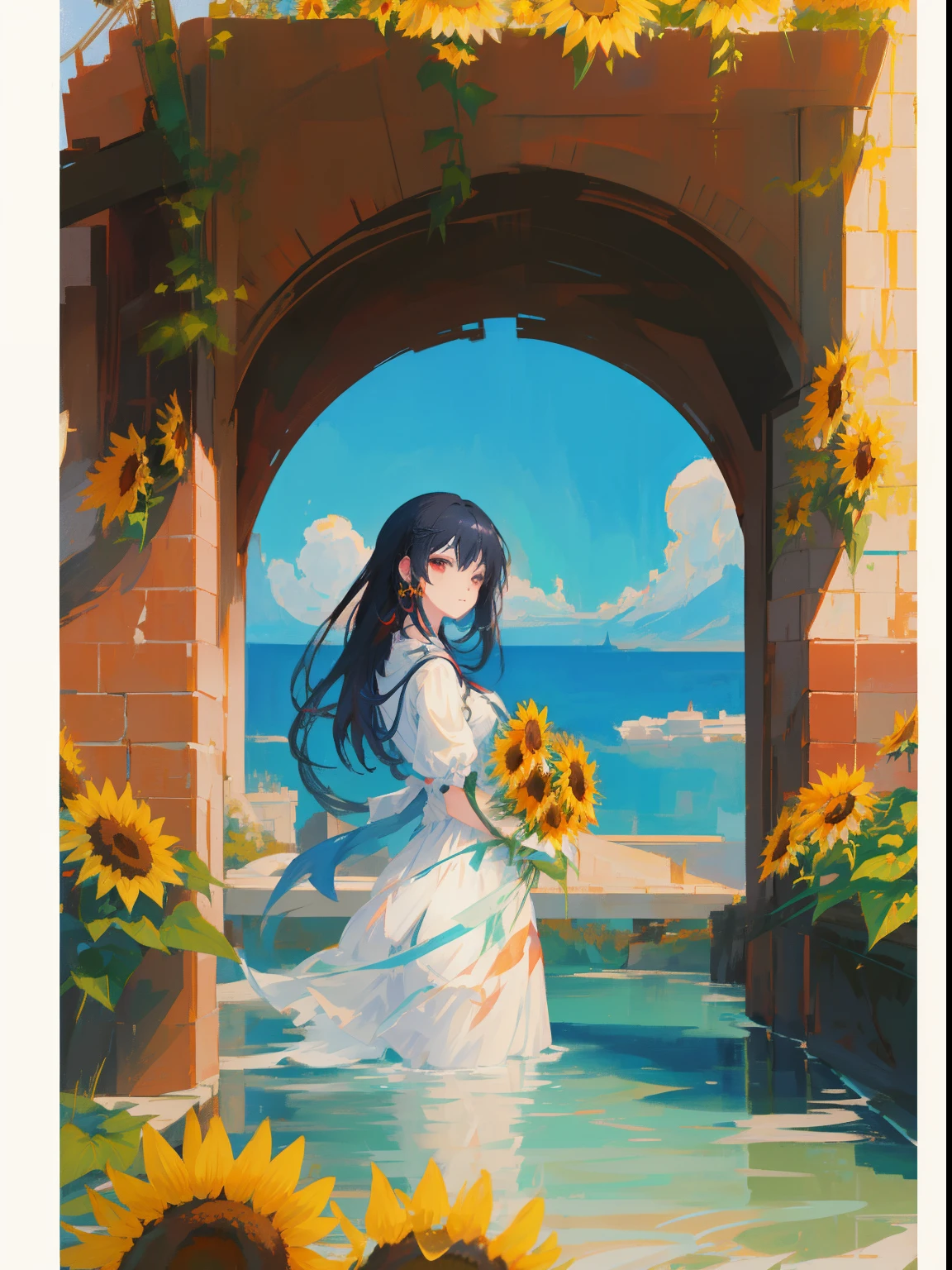 Anime girl in a white dress standing in water with sunflowers, Beautiful sunflower anime girl, artgerm and atey ghailan, anime moe art style, beautiful anime scene, anime beautiful peace scene, painted in anime painter studio, Beautiful anime, made with anime painter studio, beautiful anime artwork, beautiful anime art style, beautiful anime art, guweiz on pixiv artstation