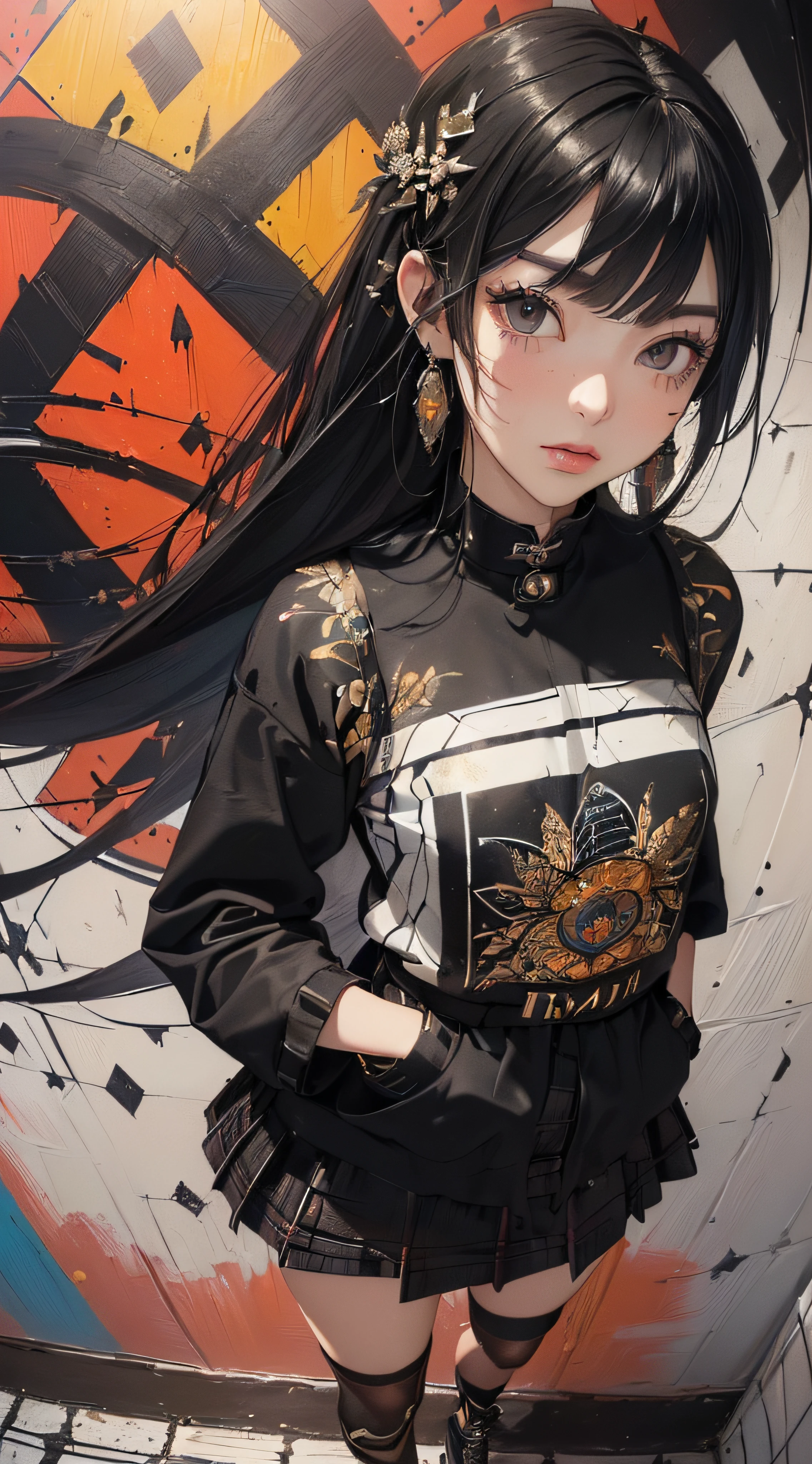 (((8k wallpaper of extremely detailed CG unit:1.2, masterpiece, hight resolution:1.2, top-quality:1.2, masutepiece))), ((a very beautiful woman, Hands in pockets:1.8, Grunge Fashion:1.2, Wear a blouson:1.2, wearing skirt, Wearing shoes)), ((extra detailed face, Highly detailed black eyes, extra detailed body, Top quality real texture skins)), (A dark-haired, length hair, de pele branca, Small:1.2), ((Colorful geometric patterns are painted all over the wall., Colorful wall)), (high-angle:1.2, Fisheye:1.3), hyper realisitic, digitial painting,
