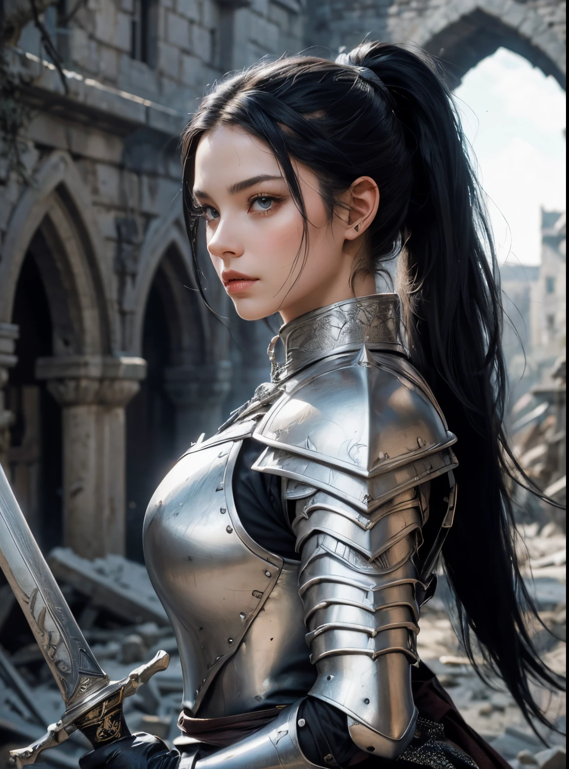 A beautiful woman with a long sword. Black hair. ponytail. Beautiful double eyes. The bridge of my nose. Well-shaped lips. She wears beautiful silver-white armor. She stands in a destroyed city in the style of medieval Europe.