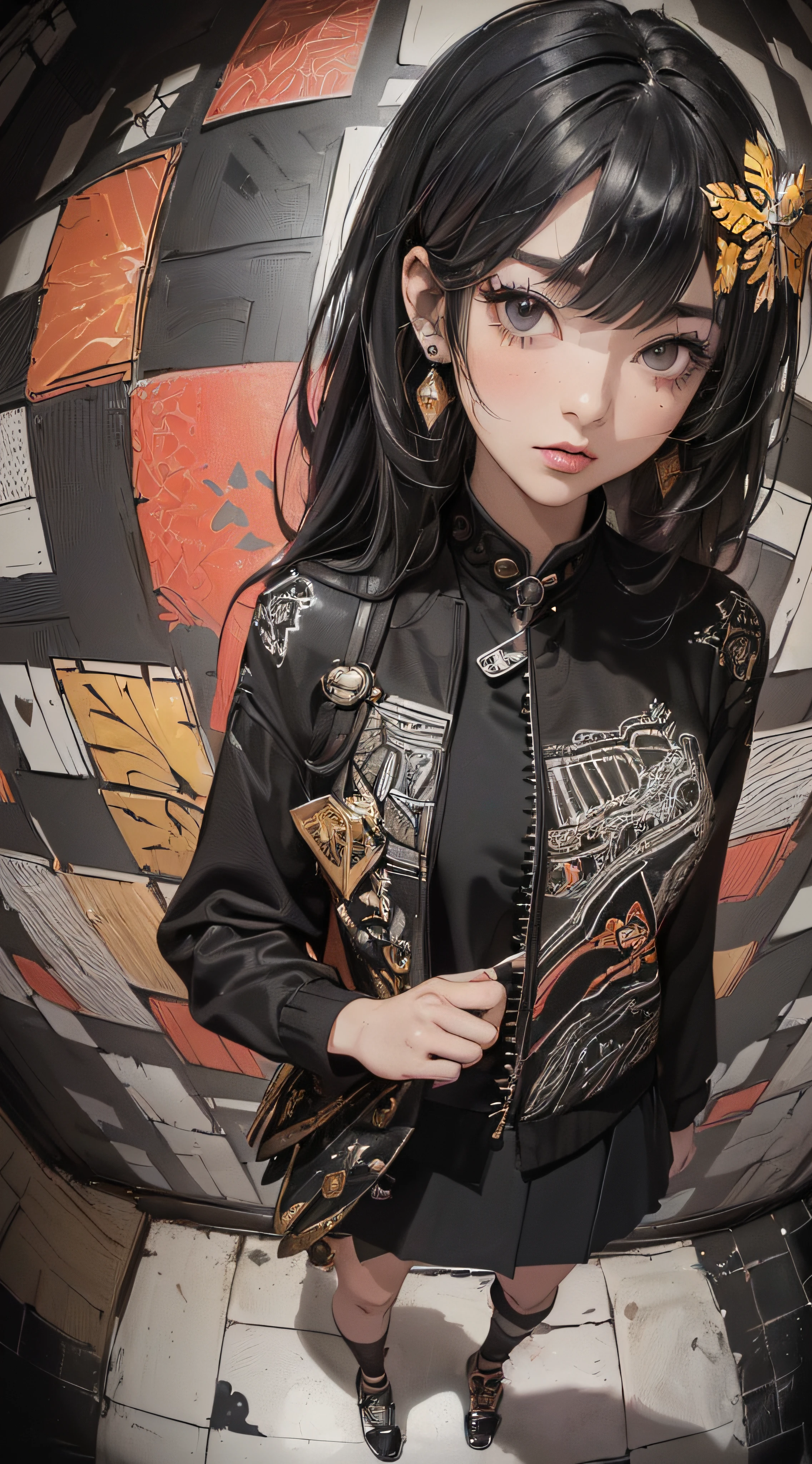 (((8k wallpaper of extremely detailed CG unit:1.2, masterpiece, hight resolution:1.2, top-quality:1.2, masutepiece))), ((a very beautiful woman, Hands in pockets:1.8, Grunge Fashion:1.2, Wear a blouson:1.2, wearing skirt, Wearing shoes)), ((extra detailed face, Highly detailed black eyes, extra detailed body, Top quality real texture skins)), (A dark-haired, length hair, de pele branca, Small:1.2), ((Colorful geometric patterns are painted all over the wall., Colorful wall)), (high-angle:1.2, Fisheye:1.3), hyper realisitic, digitial painting,