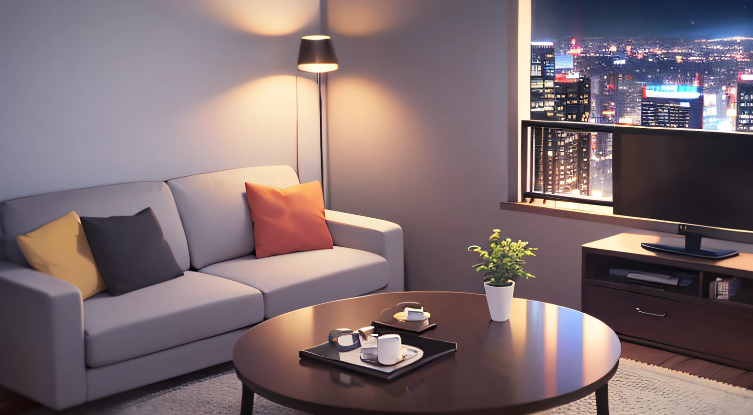 Apartment living room at night、There is a sofa