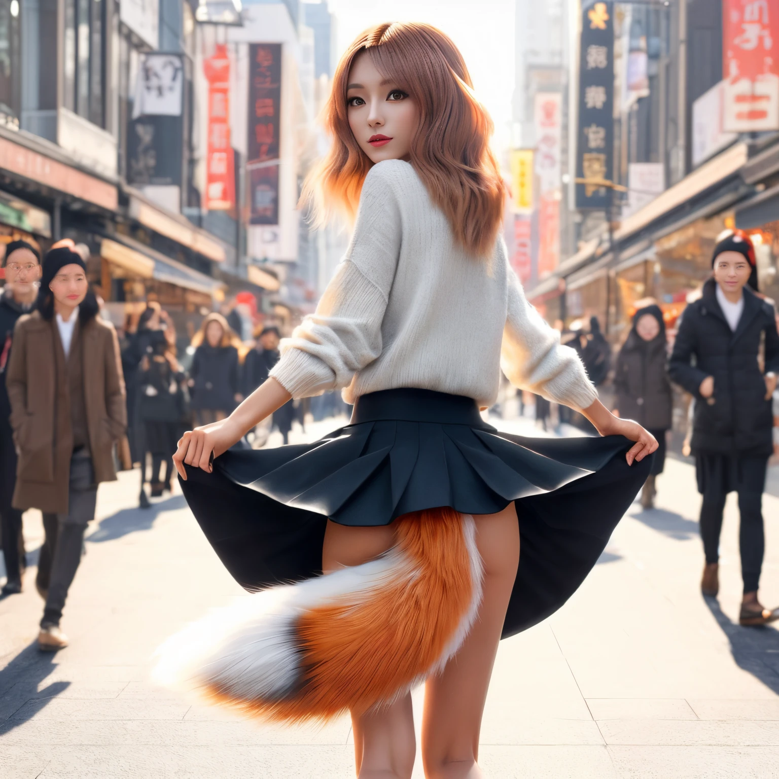 There is a woman wearing a skirt and a fox tail.., foxgirl, Trending on CGSTATION, female furry mini cute style, Fox tail, beautiful digital works of art, , a beautiful kitsune woman, Furry tail, a picture, top-quality, Small face, long neck, slender