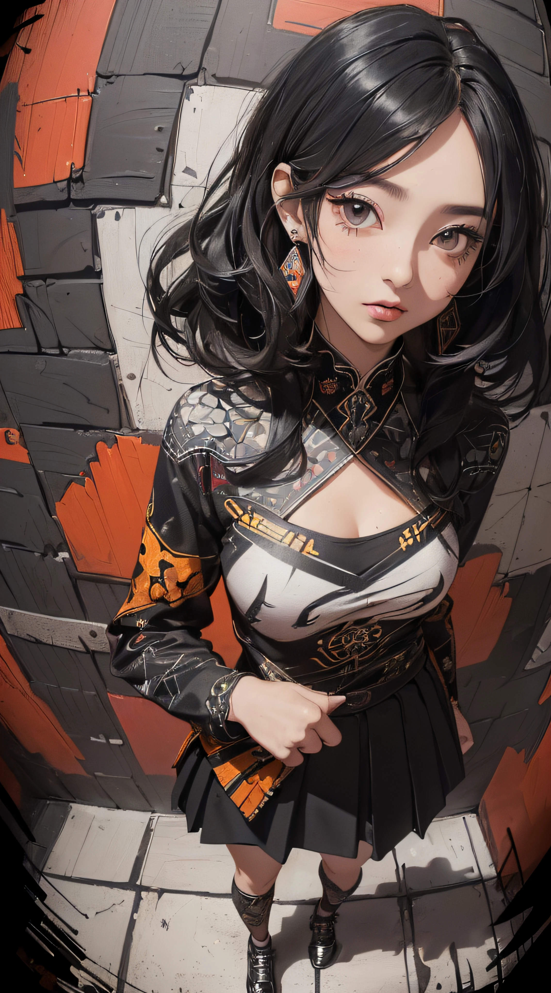 (((8k wallpaper of extremely detailed CG unit:1.2, ​masterpiece, hight resolution:1.2, top-quality:1.2, masutepiece))), ((a very beautiful woman, Hands in pockets:1.8, Grunge Fashion:1.2, wear a blouson:1.2, wearing skirt, wearing tights and boots)), ((extra detailed face, Highly detailed black eyes, extra detailed body, Top quality real texture skins)), (A dark-haired, length hair, de pele branca, Small:1.2, Exposed cleavage), ((Colorful geometric patterns are painted all over the wall..., Colorful wall)), (high-angle:1.2, a closeup, Fisheye:1.3), hyper realisitic, digitial painting,