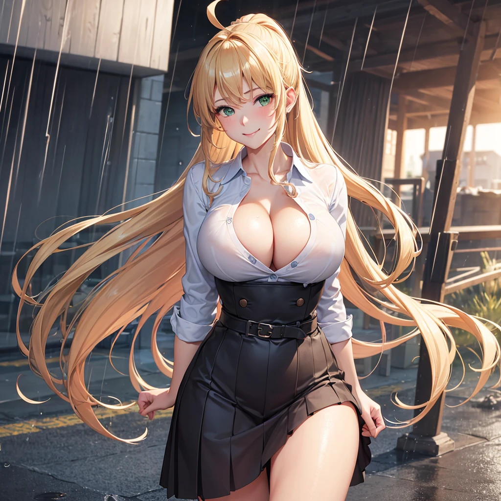 masterpiece, best quality, official art, (highly detailed CG Unity 8k wallpaper), detailed background, (hands by Guido Daniele: 1.1), feet outside the frame, first-person perspective, 1, attractive and perfect beautiful woman, schoolgirl, JK, schoolgirl uniform, rainy day, a lot of rain, windy, (curvaceous), ( white thighs: 1.12), (blonde longhair: 1.12), ( Ahoge: 1.13), (high ponytail: 1.12), (green eyes: 1.13), big, (cleavage), beautiful face, (blush: 1.11), (smile: 1.11)