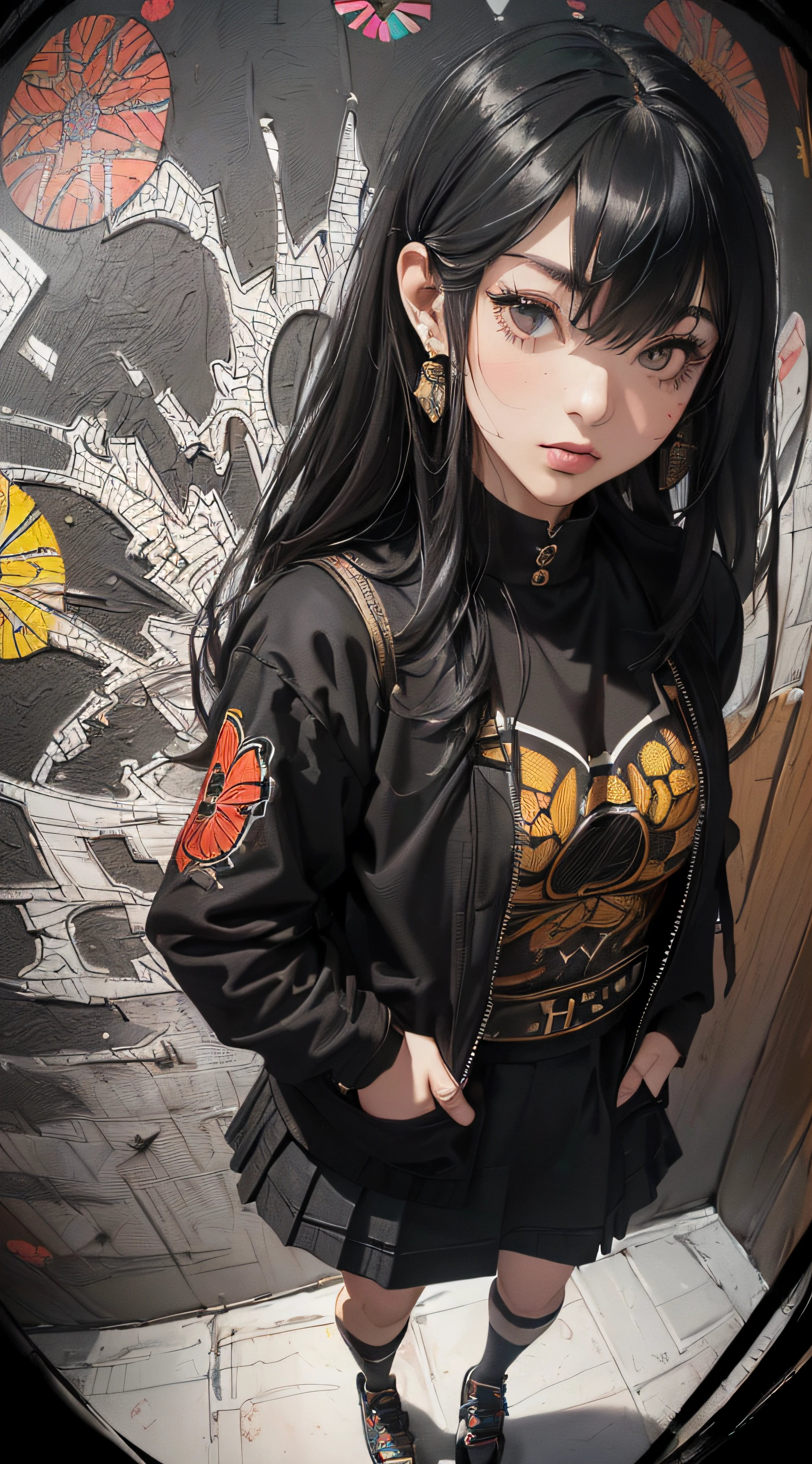 (((8k wallpaper of extremely detailed CG unit:1.2, masterpiece, hight resolution:1.2, top-quality:1.2, masutepiece))), ((a very beautiful woman, Hands in pockets:1.8, Grunge Fashion:1.2, Wear a blouson:1.2, wearing skirt, Wearing shoes)), ((extra detailed face, Highly detailed black eyes, extra detailed body, Top quality real texture skins)), (A dark-haired, length hair, de pele branca, Small:1.2), ((Colorful geometric patterns are painted all over the wall., Colorful wall)), (high-angle:1.2, Fisheye:1.3), hyper realisitic, digitial painting,