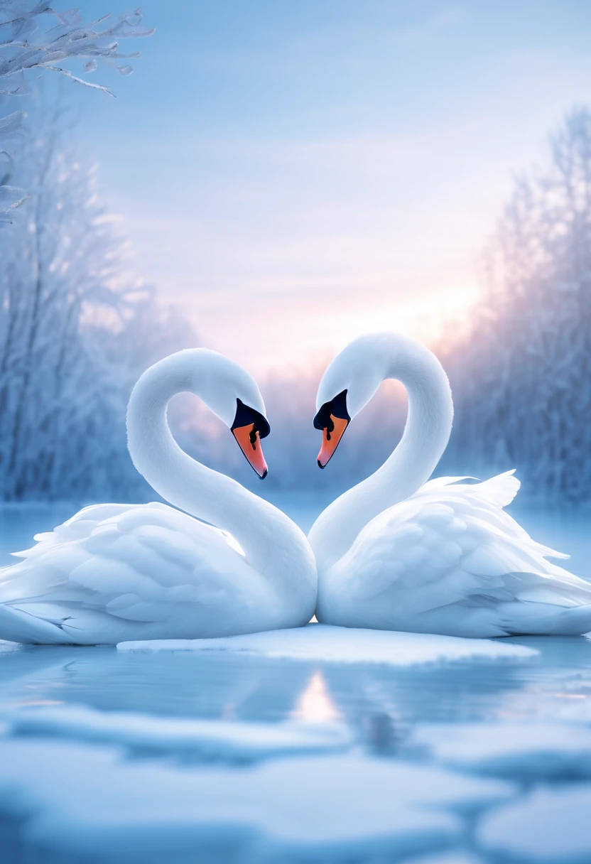 Ultra wide Angle, Tetsuko Kaouai's photography style, vision, soft contrast, dream, bright colors, dusk, two face to face close contact on a blue lake elegant white swans, head to head, love, snow, snow season, white woods in the distance, fantasy elements, surreal style, Unreal Engine, futuristic images, scattered composition, removal of architecture, ice and snow, Lakes, beautiful sky backgrounds, soft colors,