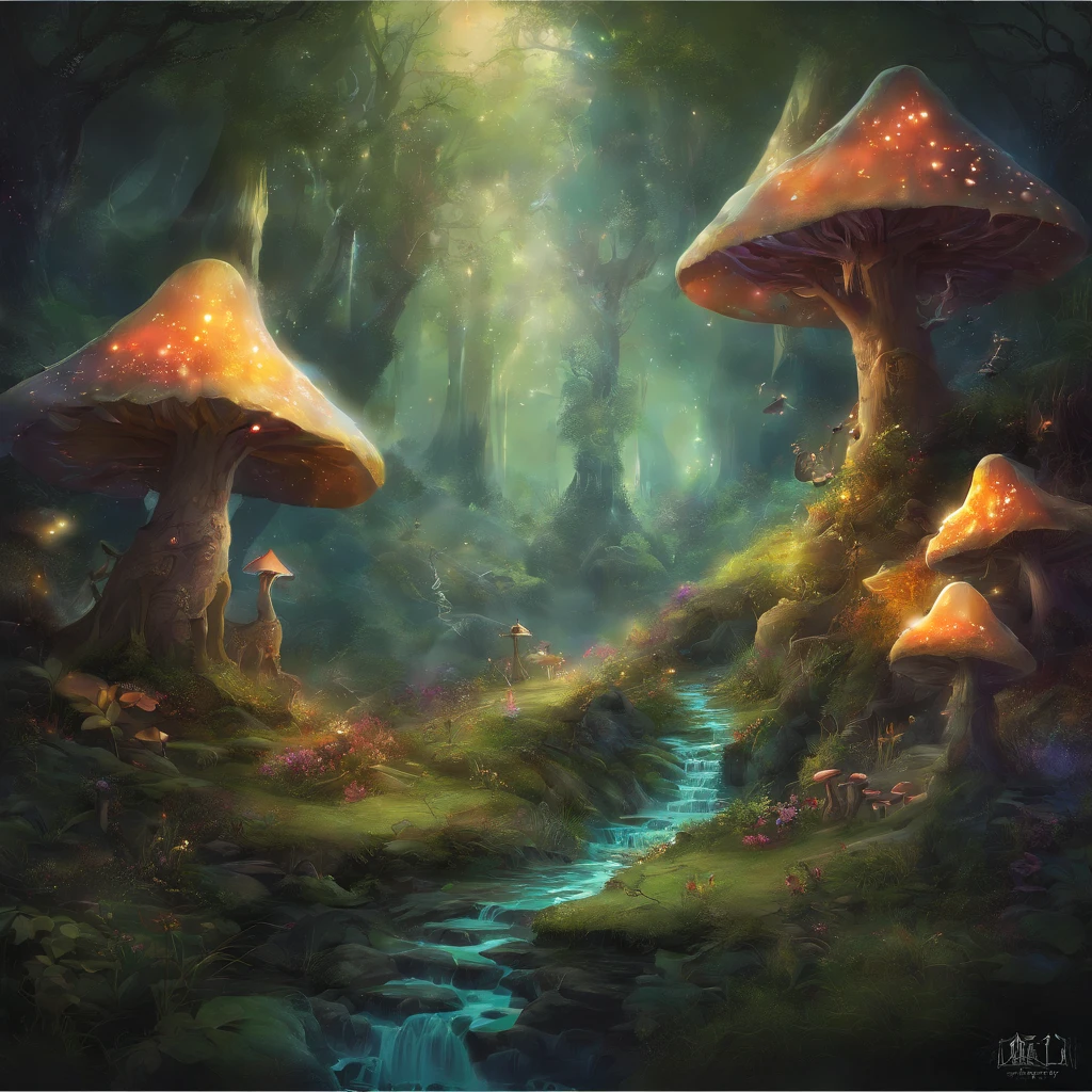 （Enchanted Forest 7，Magical creatures，（Glowing mushrooms），Sparkling waterfalls，Fantasy，Leonora Carrington，Forest of Illusions，Hazy perspective，The tree々Sunlight coming in from between，（Shining sika deer），Rich in color，assignment，光影效果，K HD，tmasterpiece，Detailed details，depth of field fairy