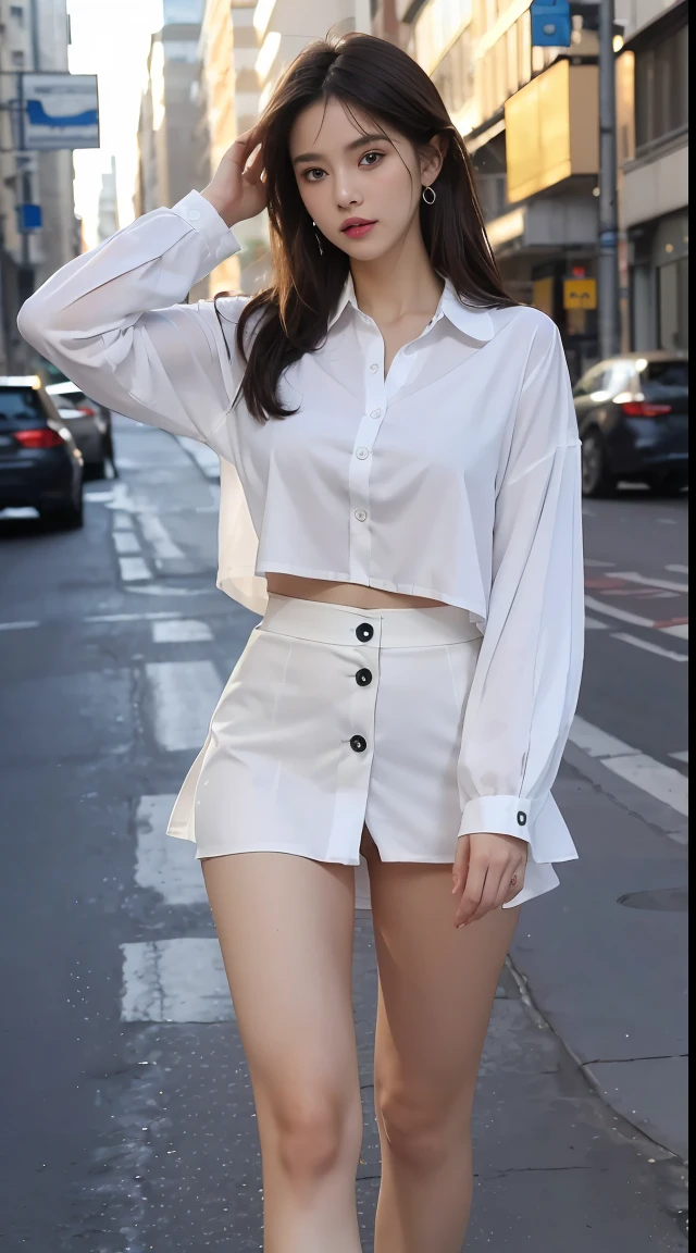((Best quality at best, 8K, tmasterpiece:1.3)), Sharp:1.2, Beautiful woman with perfect figure:1.4, Slim abs:1.2, ((Layered Hair Style,Colossal tits:1.2, )), (Long shirt with wet white buttons:1.1),(Sateen,the street:1.2),Soaked pubic hair:1.1,Highly Detailed Face and Skin Textur,full-body view, face to the viewer,You will let go of today’s persistence and reluctance,Leave with some regrets,