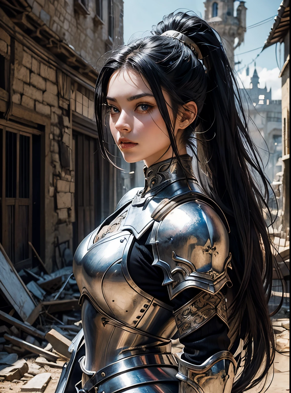 A beautiful woman with a long sword. Black hair. ponytail. Beautiful double eyes. The bridge of my nose. Well-shaped lips. She wears beautiful silver-white armor. She stands in a destroyed city in the style of medieval Europe.
