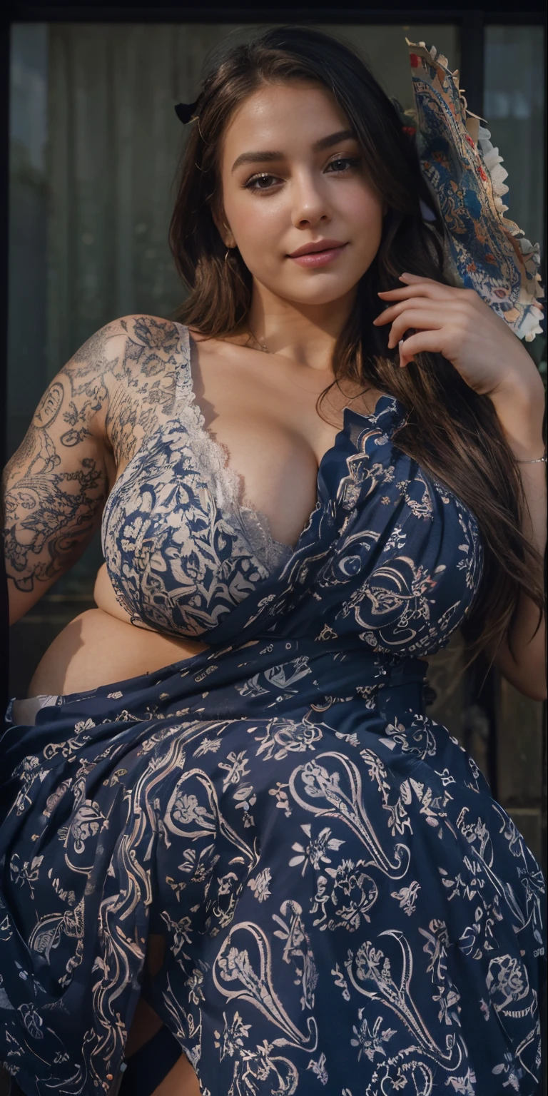 1girl, silver hair, short hair, heterochromia, huge breasts, large breasts, gigantic breasts, massive breasts, breasts larger than head, curvy waist, muscular thighs, muscular body, muscular female, thick thighs, cleavage, full body shot, on the garden house, casual outfit, large ass, full breasts, full thighs, full ass, bra edge visible under top, belt, tribal tattoo, printed dress, nipple bulge under top, summer hat, beach hat, sombrero hat, teasing with her breasts, breasts focus, short dress, summer dress, flowers printed on dress, red dress, happy smile, cute smile, heavy breasts, bursting breasts, flushed face, breasts, piercing on nose, piercing on nipples, breasts bouncing out of dress, (masterpiece), best quality, expressive eyes, perfect face, red lace pantyhose, wind blowing in dress, Red lace panties visible under dress